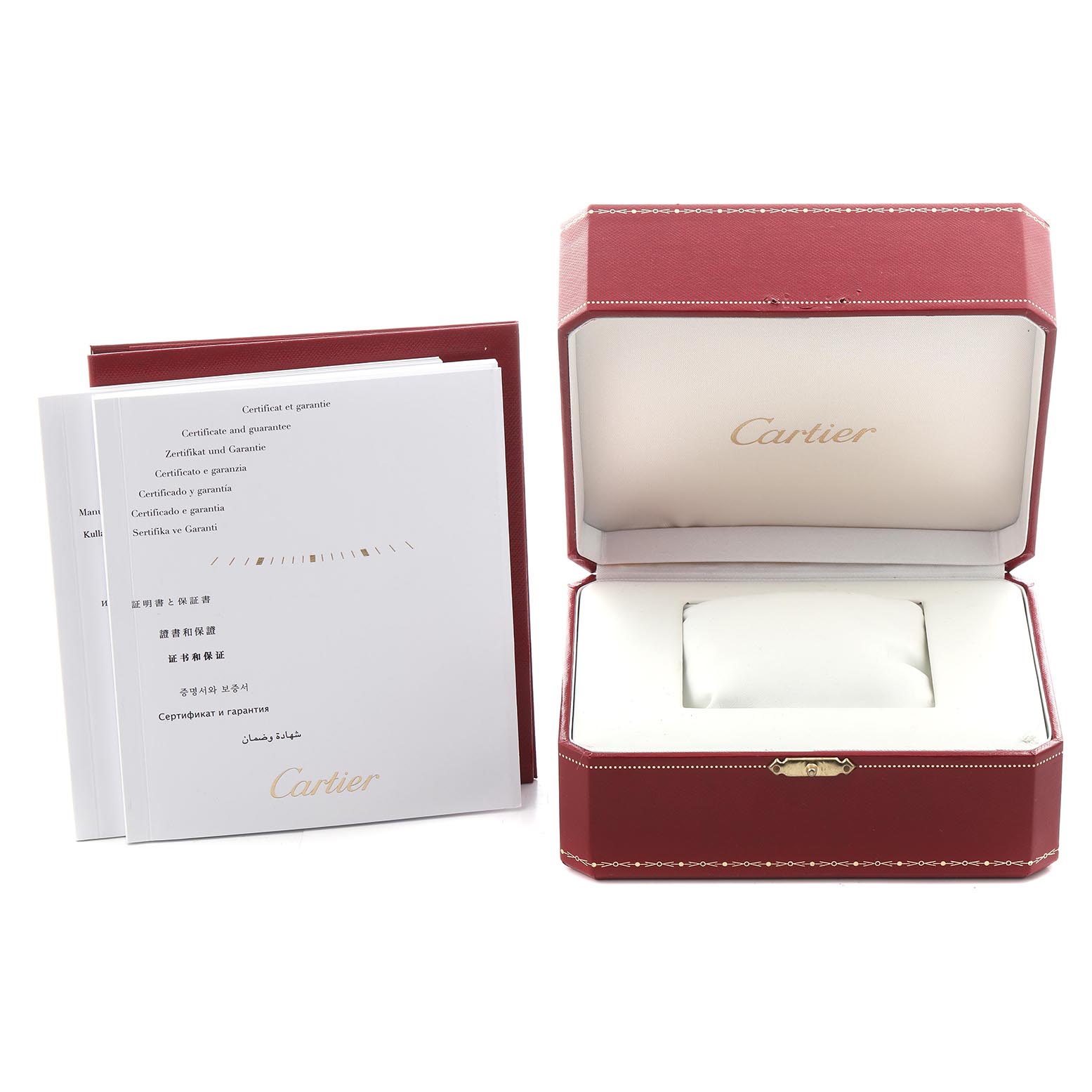 The image shows an open Cartier Cle WSCL0006 Men
s Stainless Steel Silver Dial WSCL0006 Men
s Stainless Steel Silver Dial watch box and warranty booklet placed beside it.