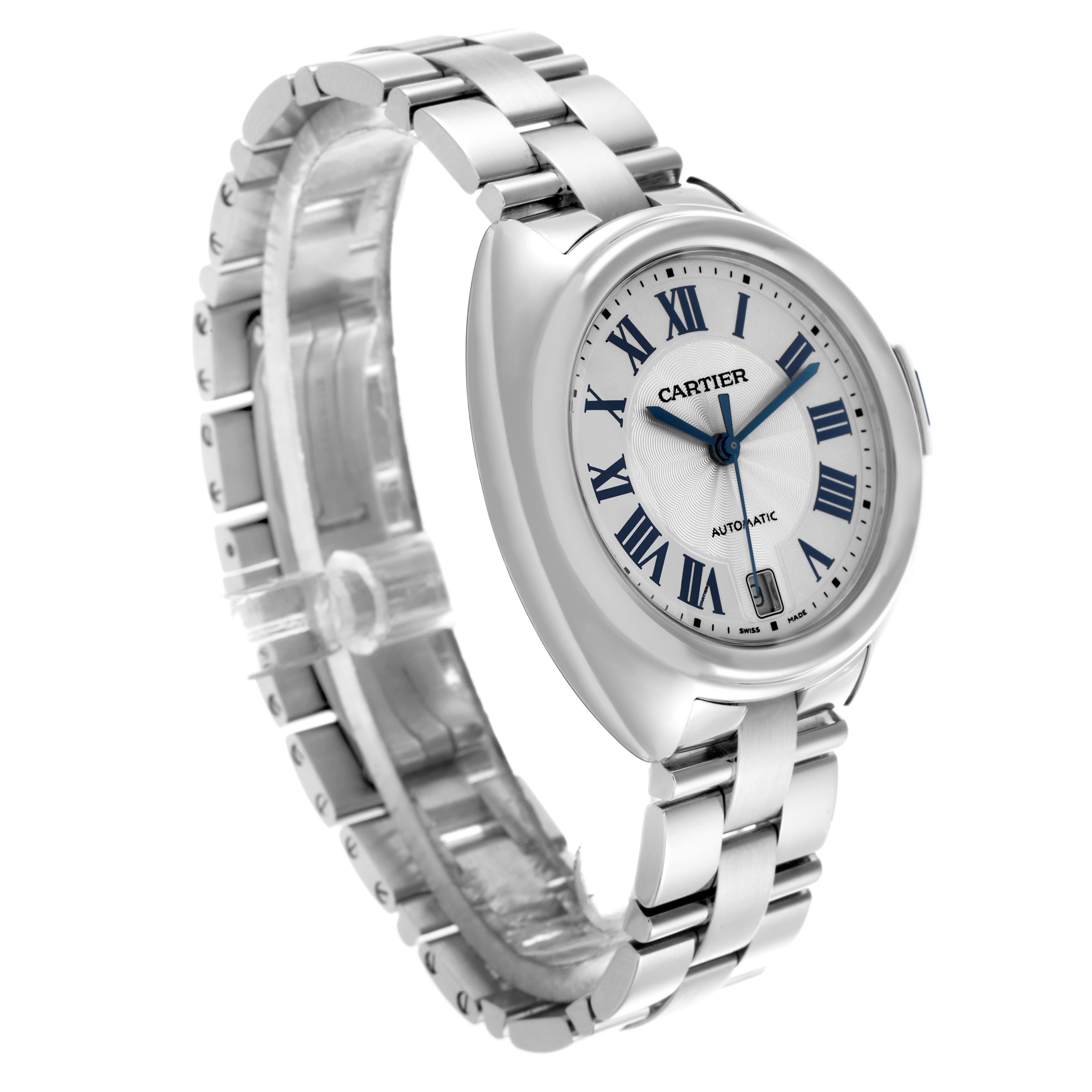 The Cartier Clé watch is shown at a three-quarter angle, highlighting the face, bezel, bracelet, and crown.