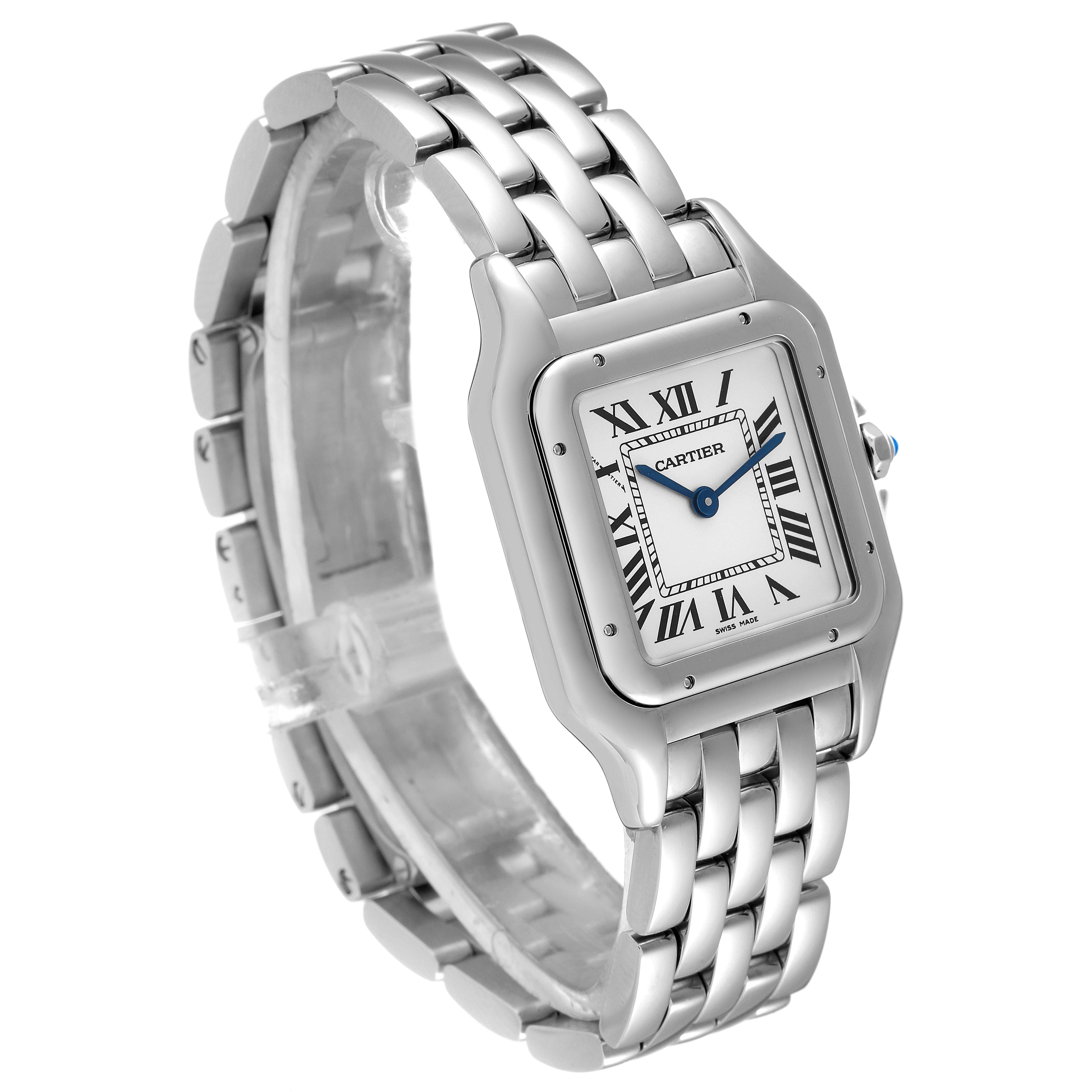 The Cartier Panthere WSPN0007 Women
s Stainless Steel Silver Dial WSPN0007 Women
s Stainless Steel Silver Dial model watch is shown at a slight angle, displaying the face, bezel, and bracelet.
