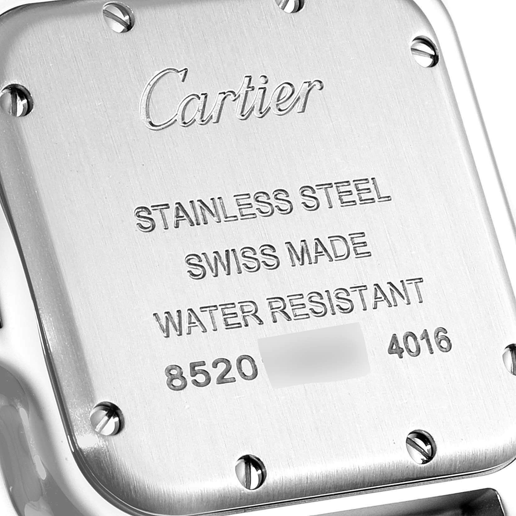 This image shows the case back of a Cartier Panthere WSPN0007 Women
s Stainless Steel Silver Dial WSPN0007 Women
s Stainless Steel Silver Dial watch, detailing its stainless steel, Swiss-made construction, and water resistance.