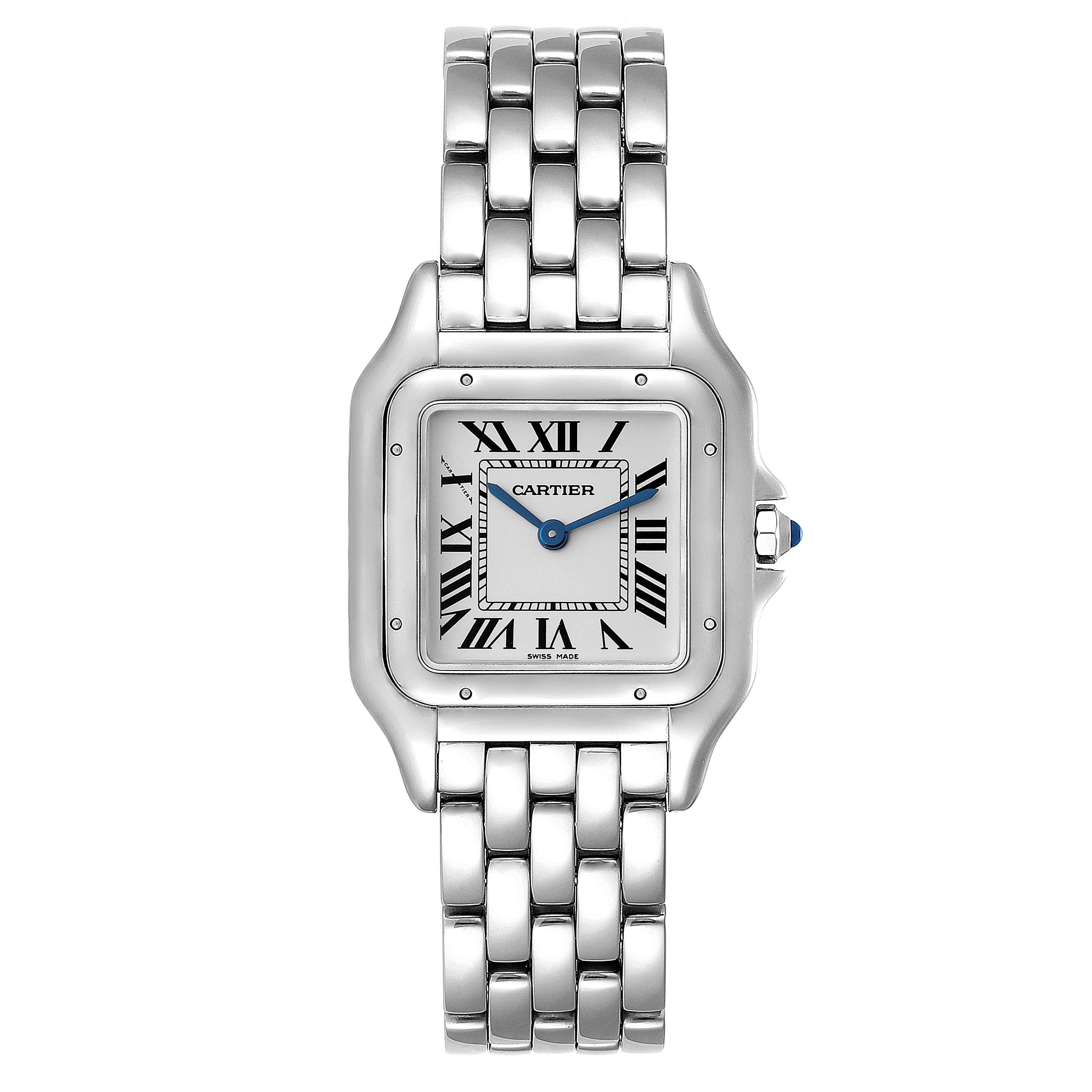 The image shows a Cartier Panthere WSPN0007 Women
s Stainless Steel Silver Dial WSPN0007 Women
s Stainless Steel Silver Dial watch, displaying a front view of the dial and bracelet.