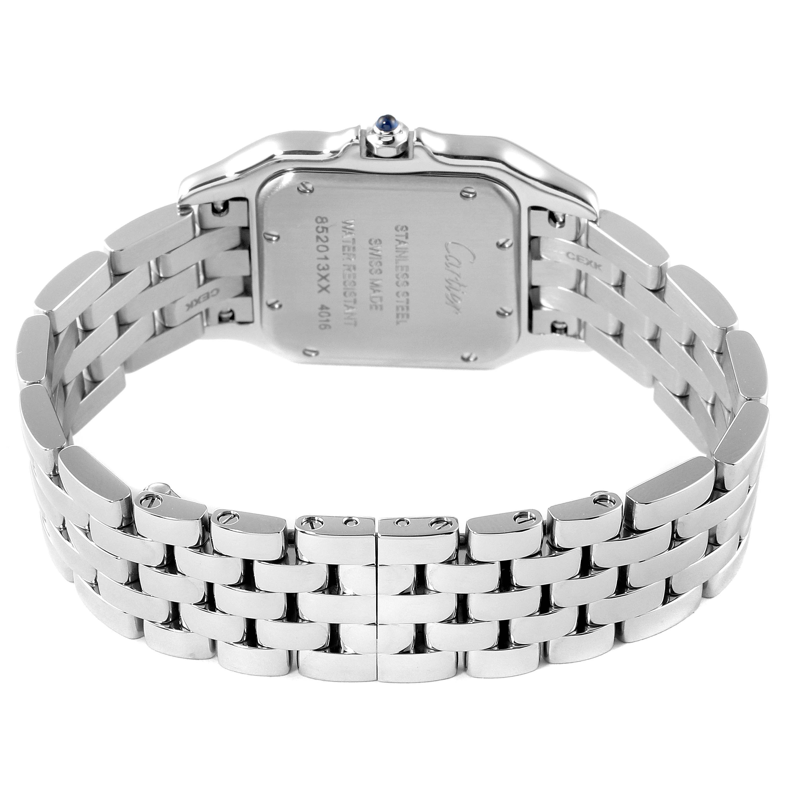 The image shows the back view of a Cartier Panthere WSPN0007 Women
s Stainless Steel Silver Dial WSPN0007 Women
s Stainless Steel Silver Dial watch, highlighting its stainless steel case and bracelet.