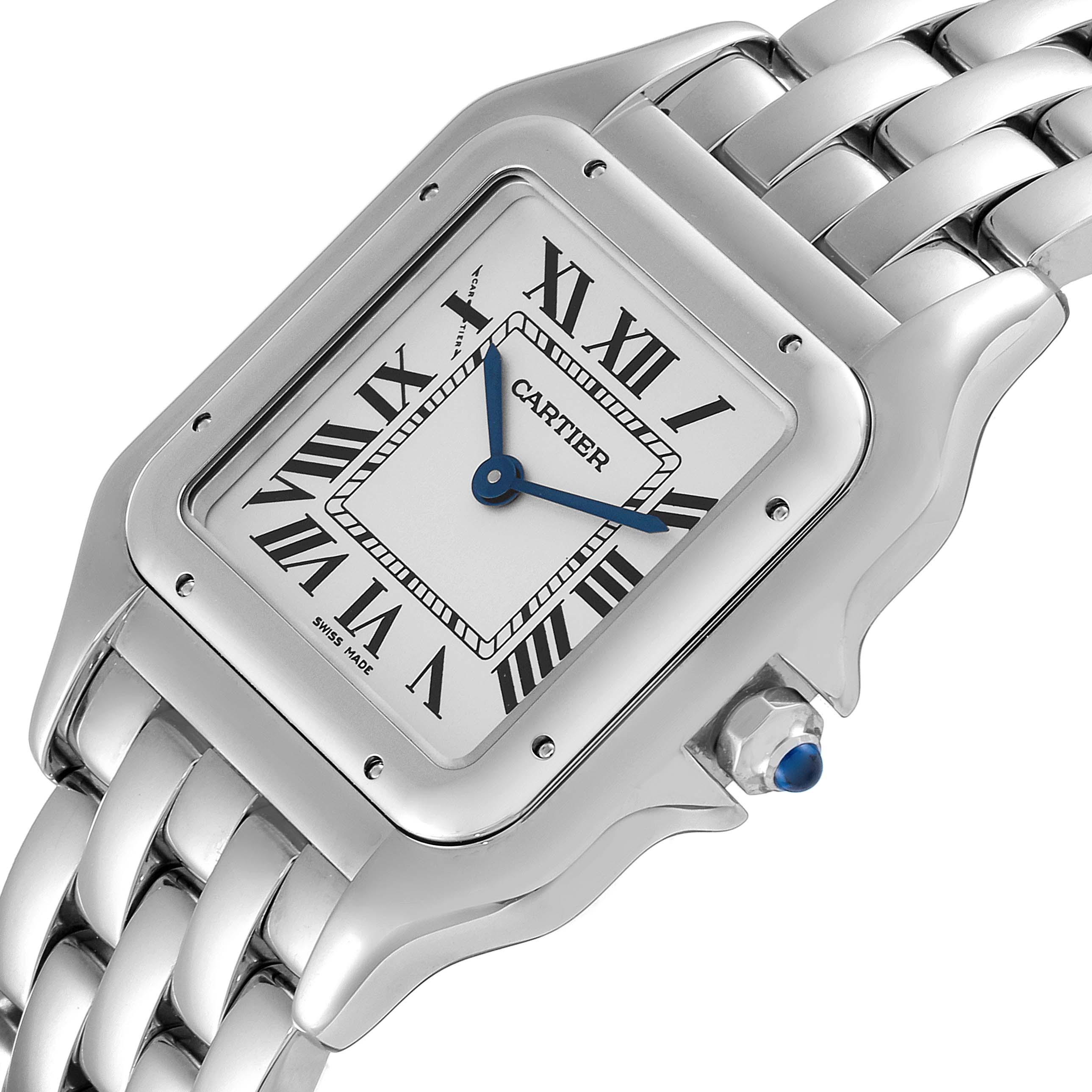 The image shows a close-up of the Cartier Panthere WSPN0007 Women
s Stainless Steel Silver Dial WSPN0007 Women
s Stainless Steel Silver Dial model watch face, bezel, and part of the bracelet.