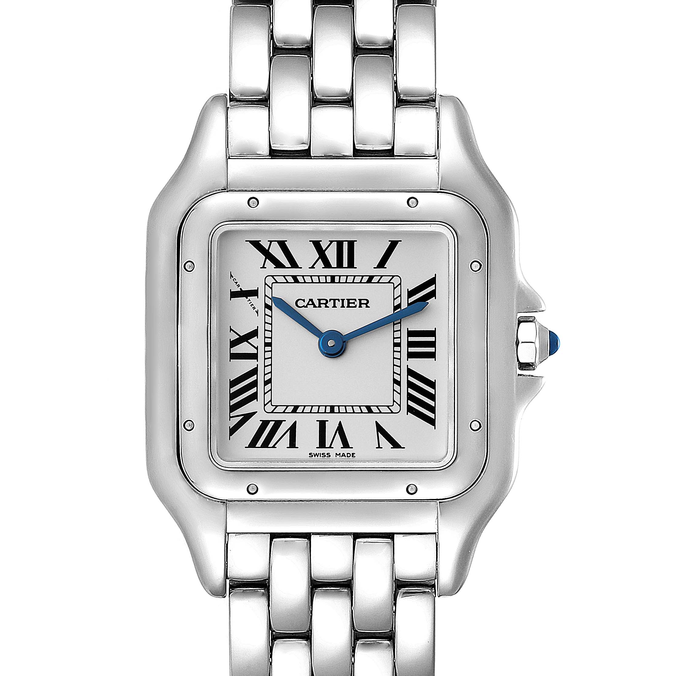 The image shows a frontal view of a Cartier Panthere WSPN0007 Women
s Stainless Steel Silver Dial WSPN0007 Women
s Stainless Steel Silver Dial watch, highlighting its face, bracelet, and crown.