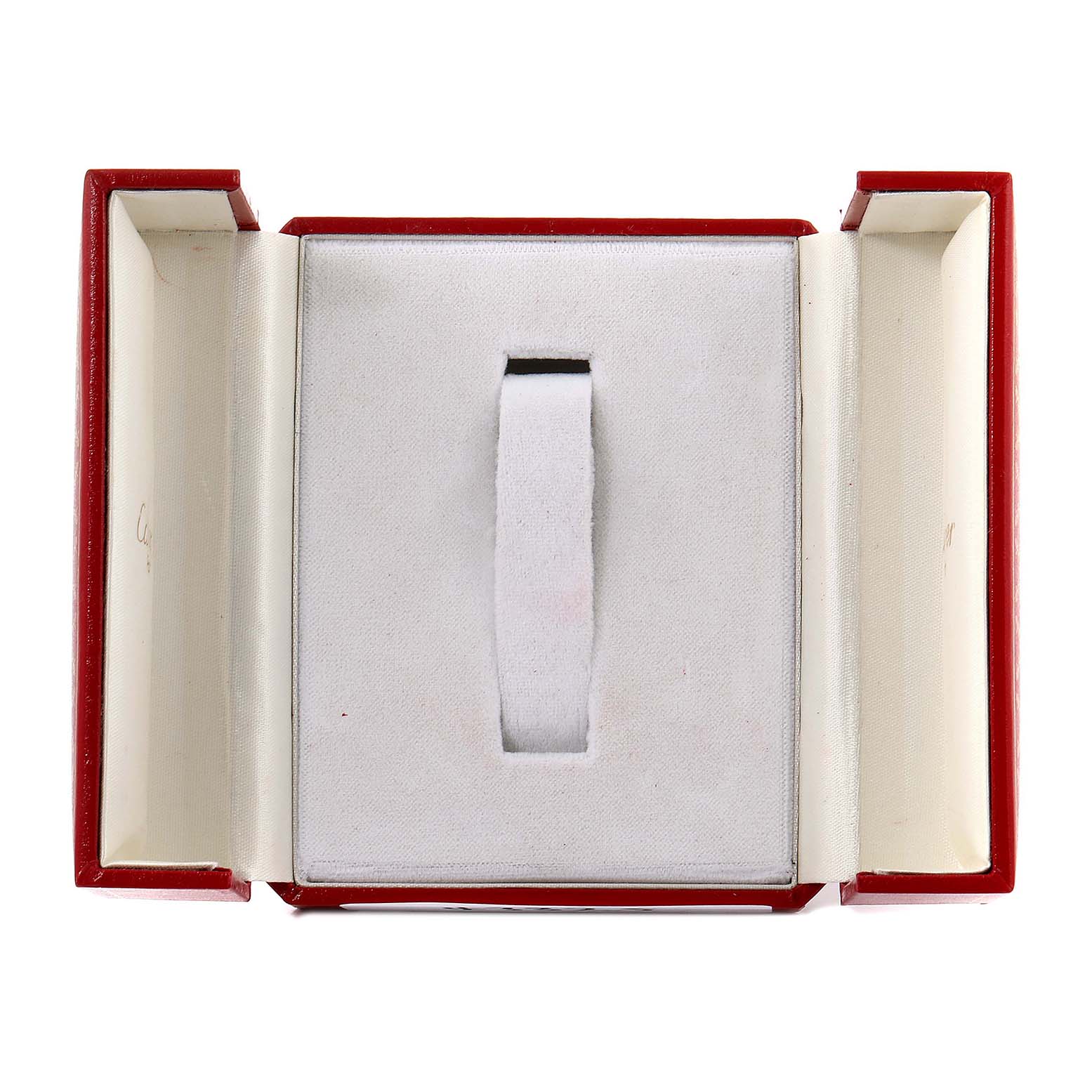 This image shows an open, empty red watch box for the Cartier Panthere WSPN0007 Women
s Stainless Steel Silver Dial WSPN0007 Women
s Stainless Steel Silver Dial model from a top-down angle.