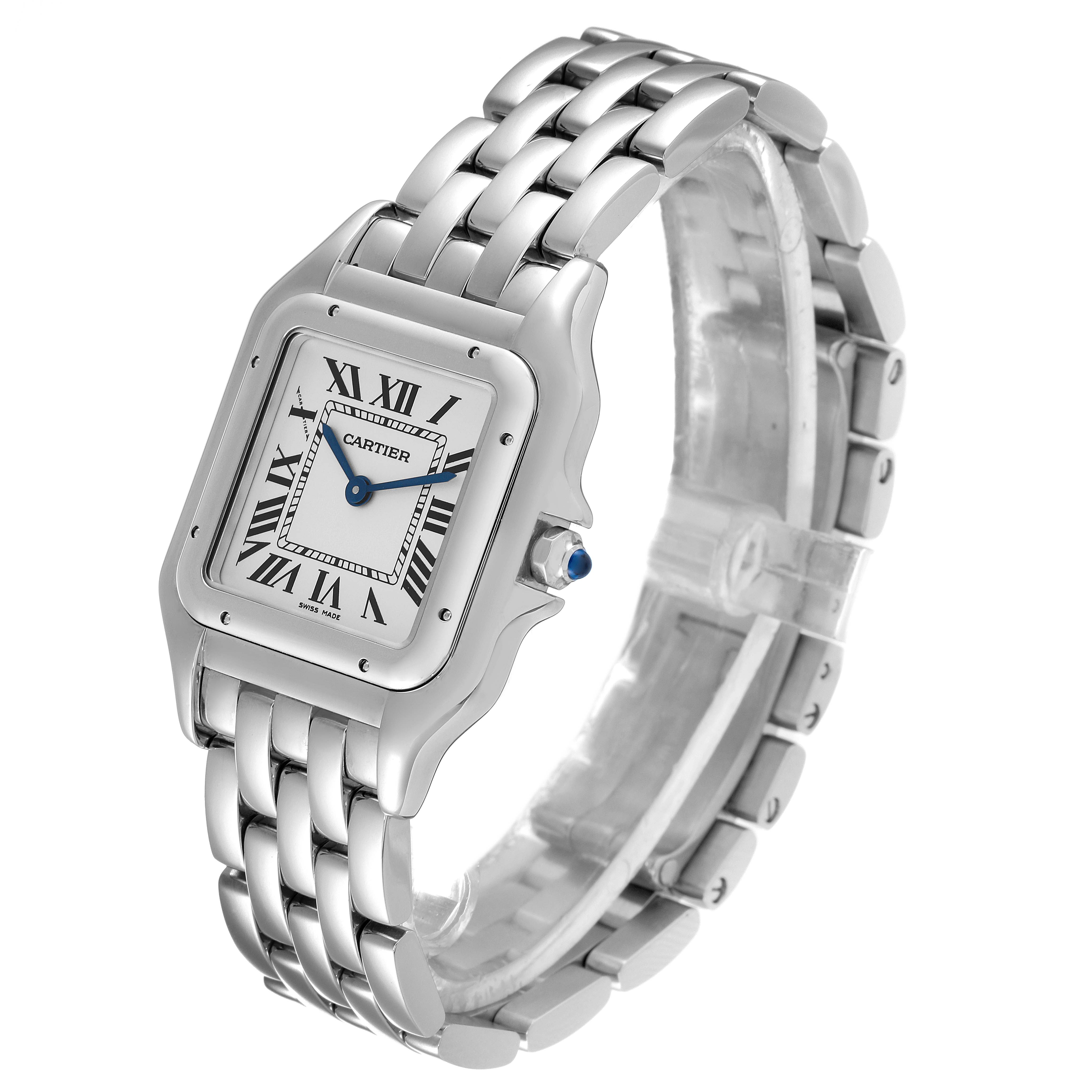 The image shows a Cartier Panthere WSPN0007 Women
s Stainless Steel Silver Dial WSPN0007 Women
s Stainless Steel Silver Dial model watch angled to display the face, bezel, and bracelet.