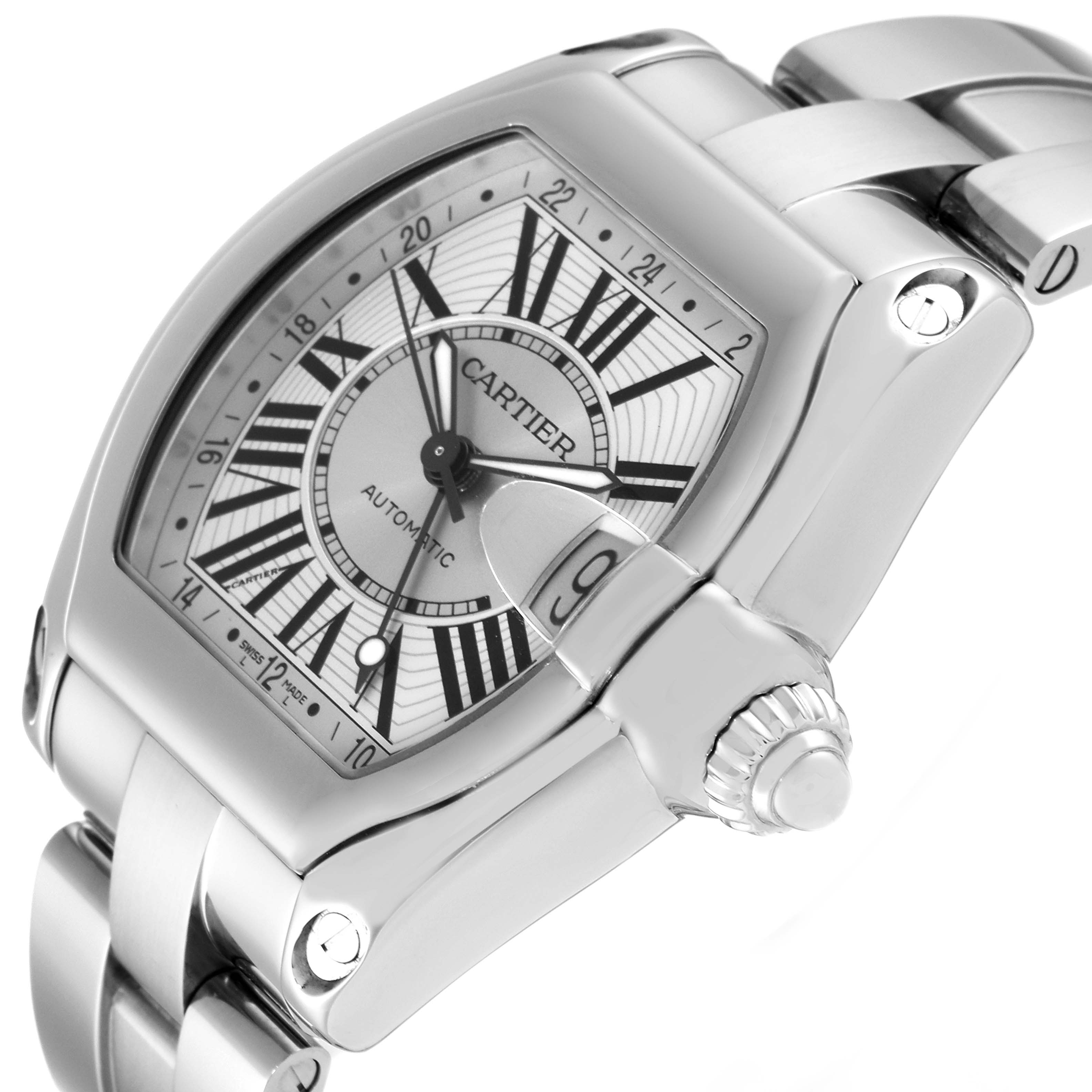 This image shows a silver Cartier Roadster W62032X6 Men's Stainless Steel Silver Dial W62032X6 Men's Stainless Steel Silver Dial watch angled to highlight the dial, crown, and part of the bracelet.