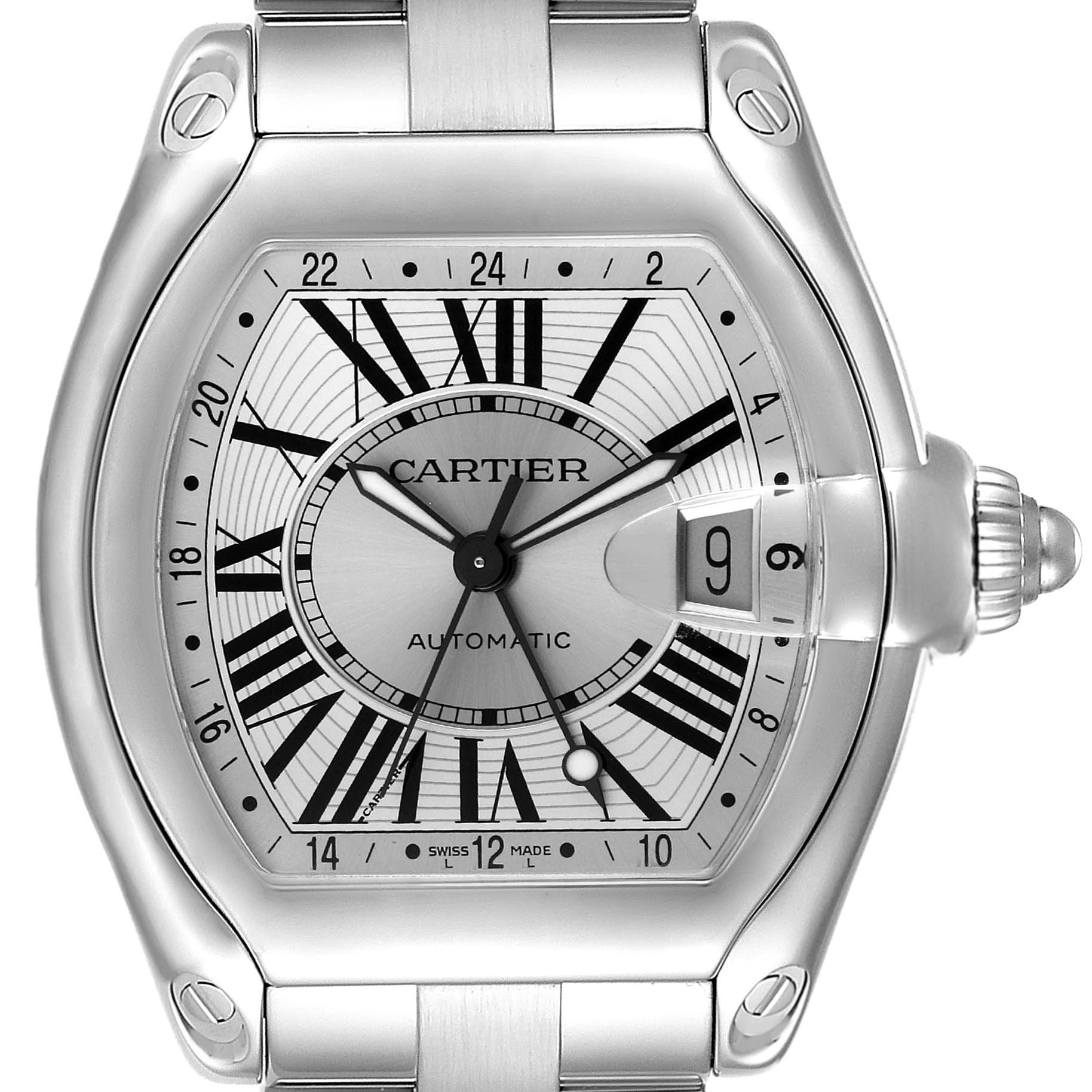 The image shows a front view of a Cartier Roadster W62032X6 Men's Stainless Steel Silver Dial W62032X6 Men's Stainless Steel Silver Dial watch, highlighting its dial, hour markers, hands, and date window.