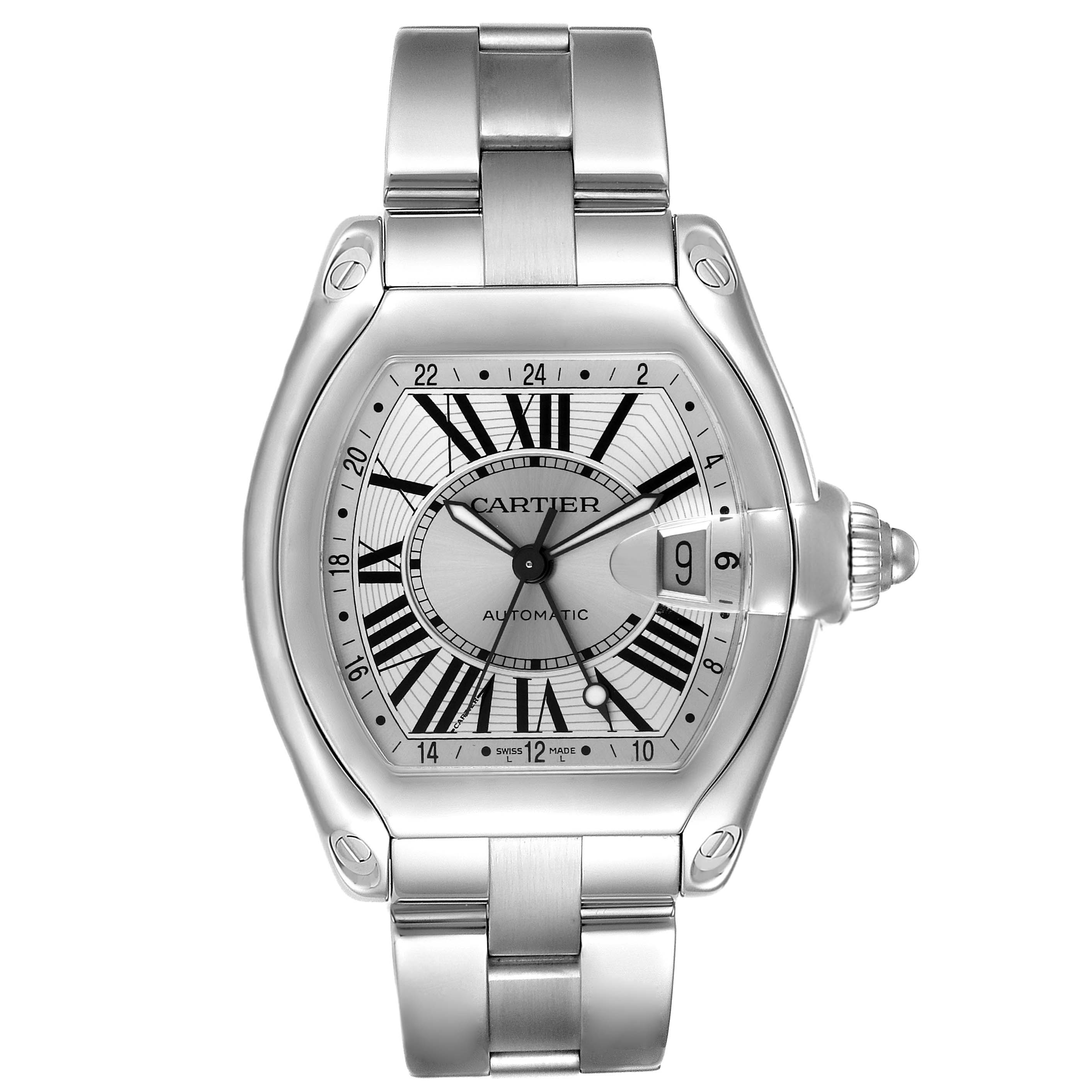 The image shows a frontal view of the Cartier Roadster W62032X6 Men's Stainless Steel Silver Dial W62032X6 Men's Stainless Steel Silver Dial watch, highlighting its dial, case, and metal bracelet.
