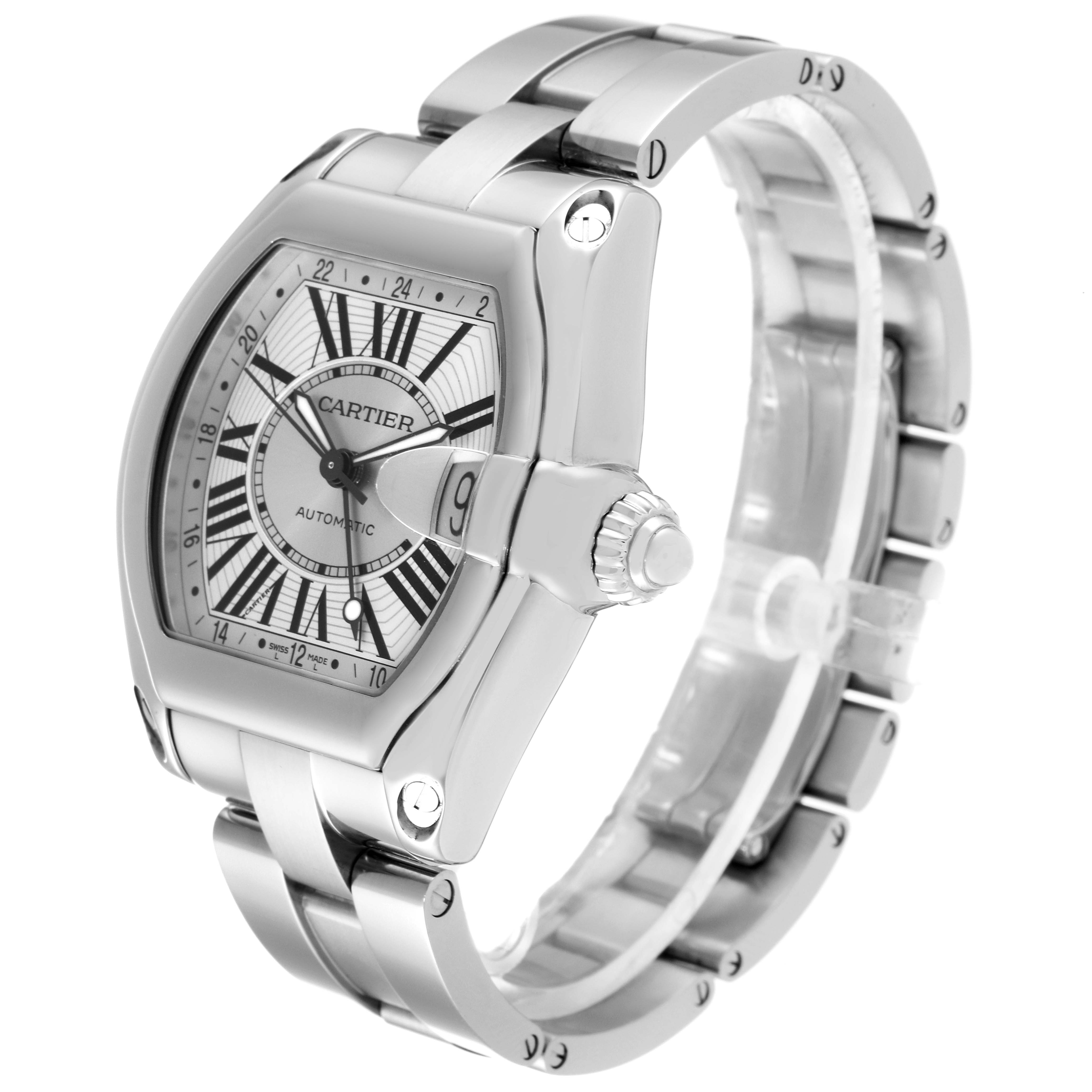 The Cartier Roadster W62032X6 Men's Stainless Steel Silver Dial W62032X6 Men's Stainless Steel Silver Dial watch is shown at a three-quarter angle, displaying its face, bezel, crown, and part of the bracelet.