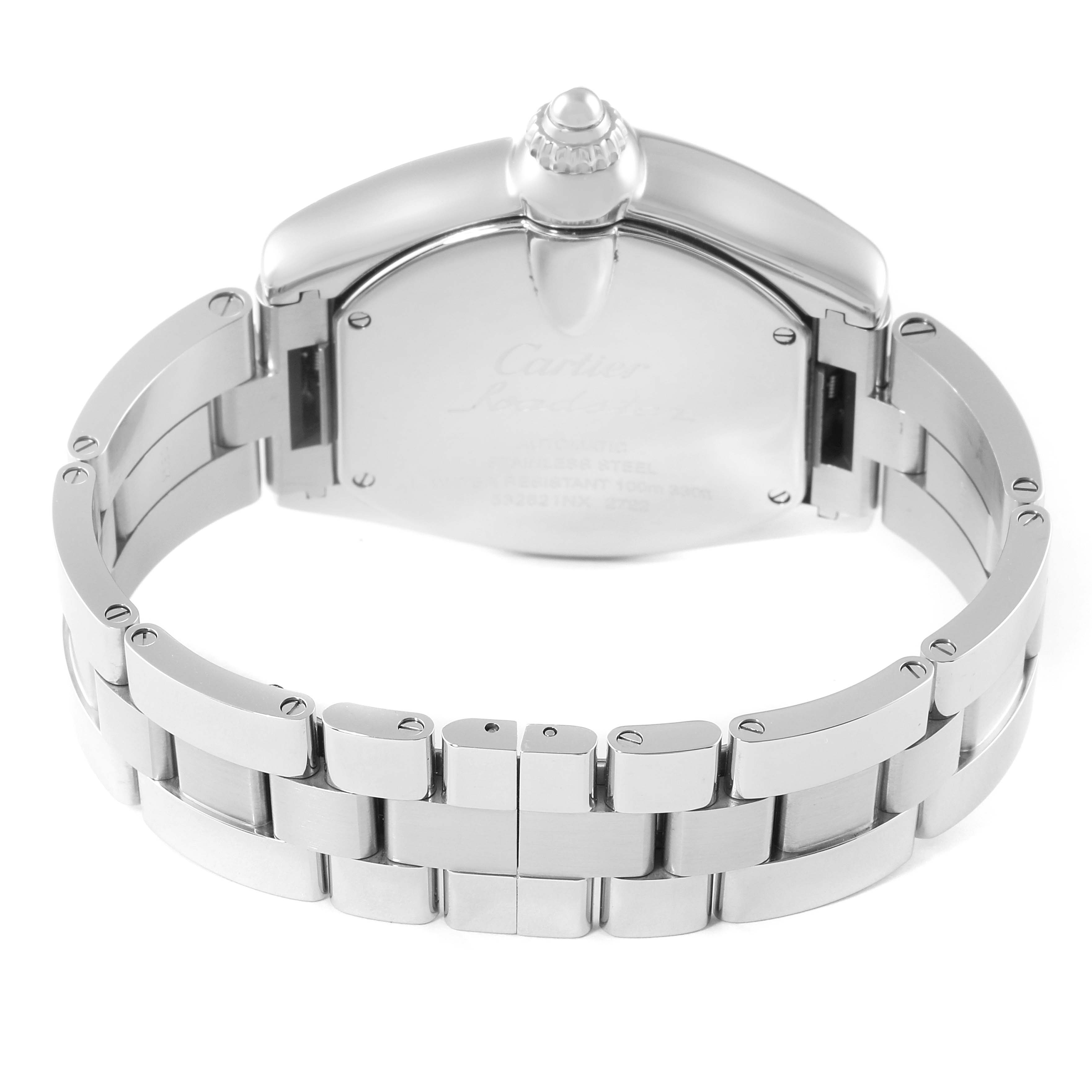 The image shows the back of a Cartier Roadster W62032X6 Men's Stainless Steel Silver Dial W62032X6 Men's Stainless Steel Silver Dial watch, focusing on the case back, bracelet, and clasp from a rear angle.