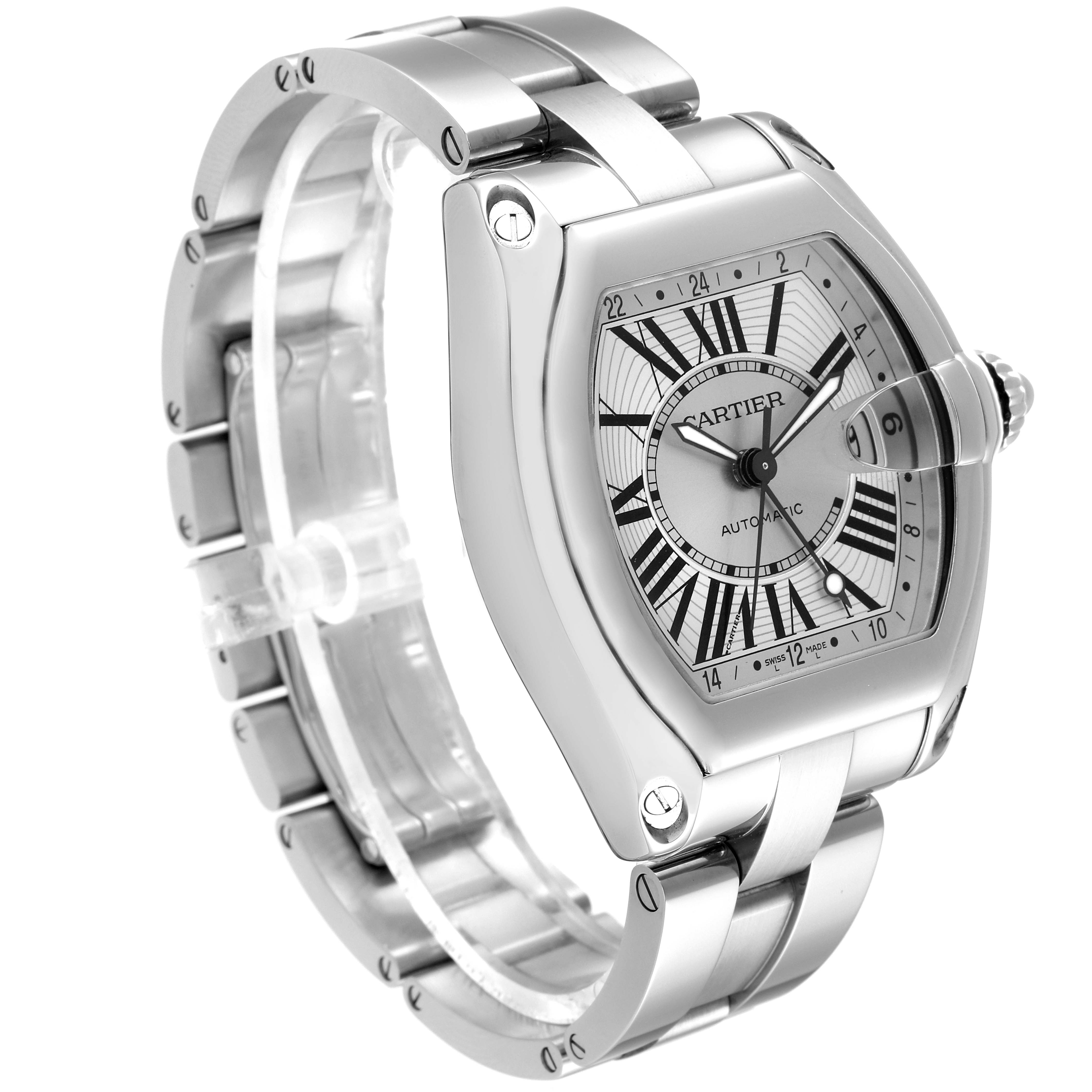 The image shows a three-quarter view of a Cartier Roadster W62032X6 Men's Stainless Steel Silver Dial W62032X6 Men's Stainless Steel Silver Dial watch, highlighting its face, bezel, and bracelet.
