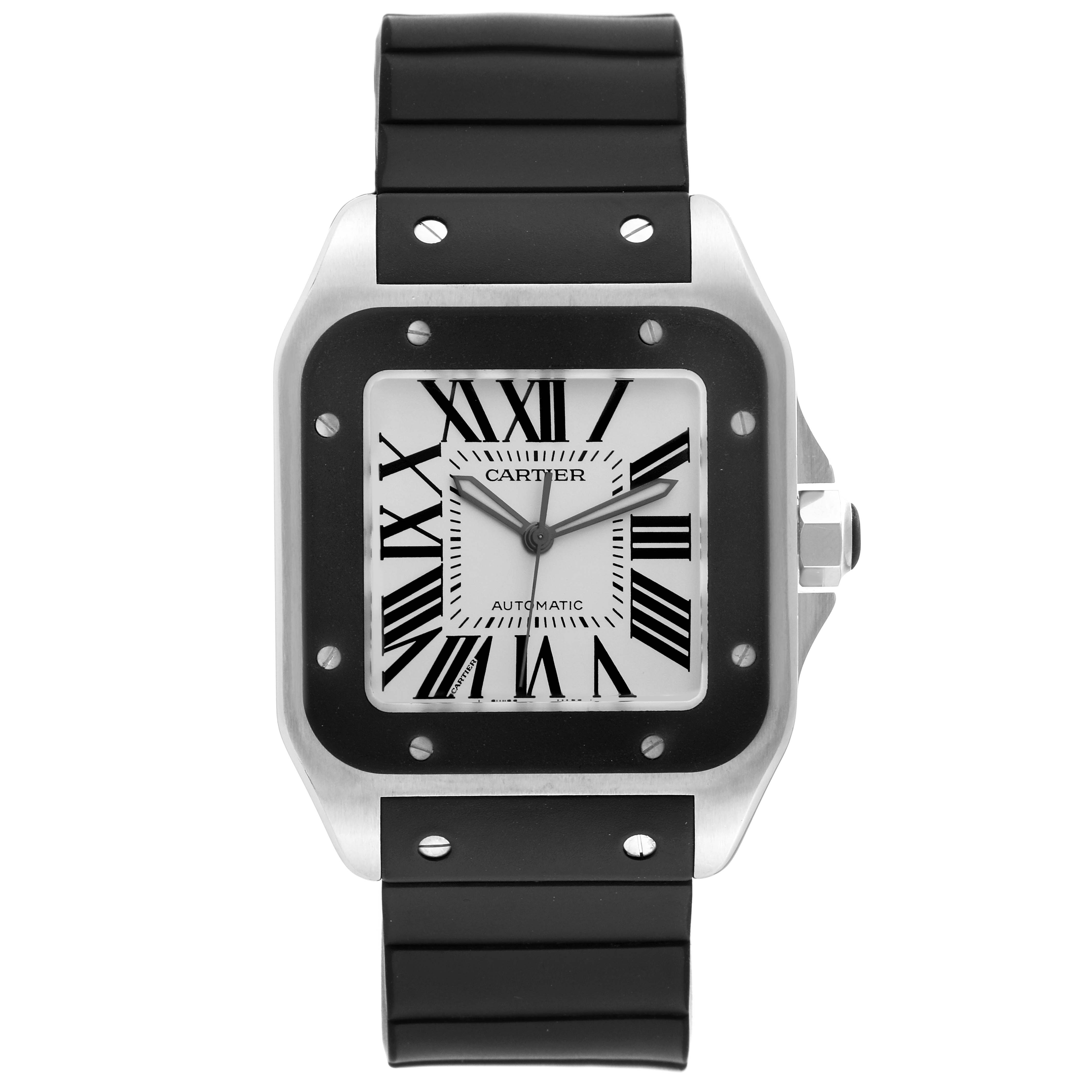 The image shows a front view of a Cartier Santos W20121U2 Men
s Stainless Steel Silver Dial W20121U2 Men
s Stainless Steel Silver Dial model watch with a black strap and a visible dial with Roman numerals.
