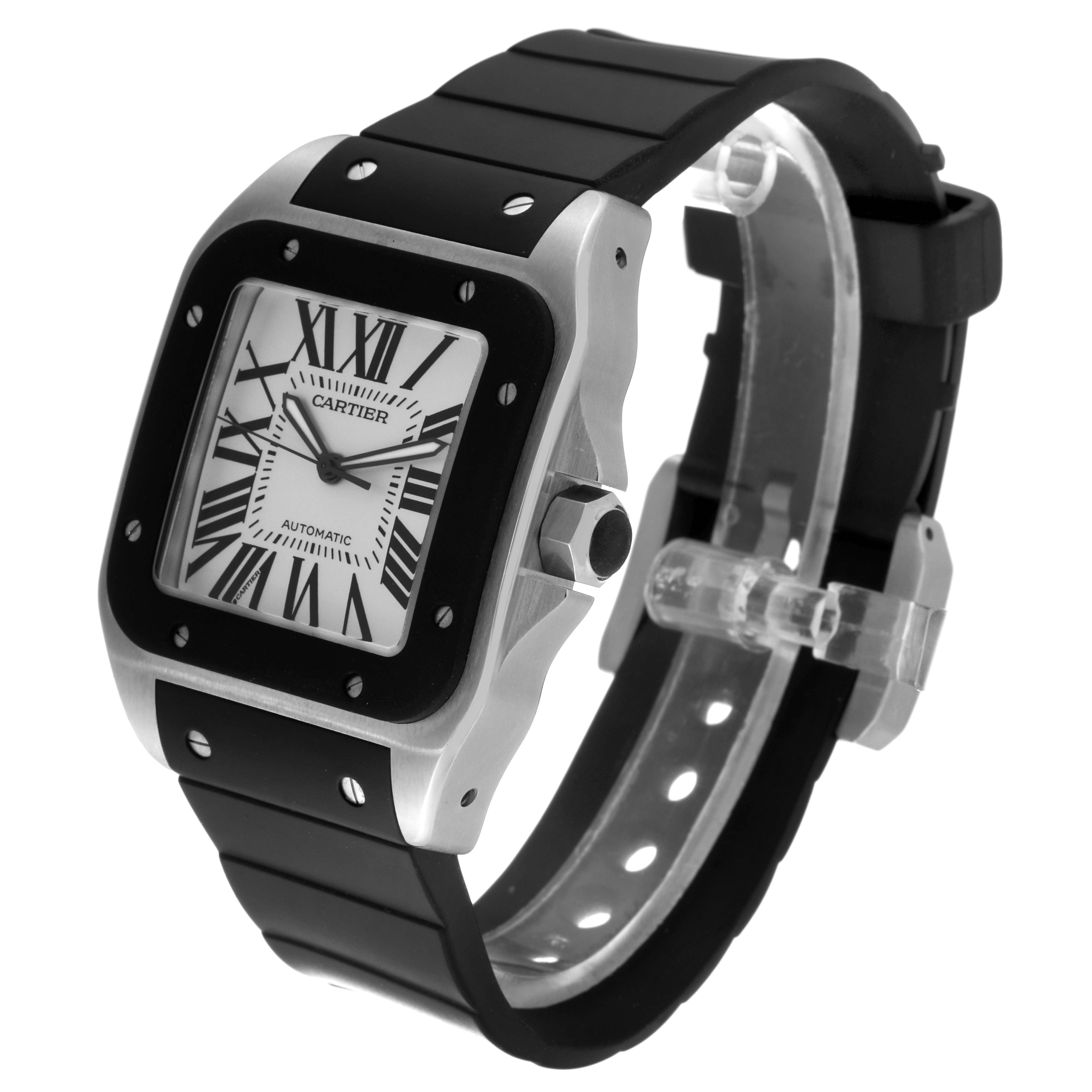 The image shows a Cartier Santos W20121U2 Men
s Stainless Steel Silver Dial W20121U2 Men
s Stainless Steel Silver Dial watch from an angle that displays the face, bezel, and strap.