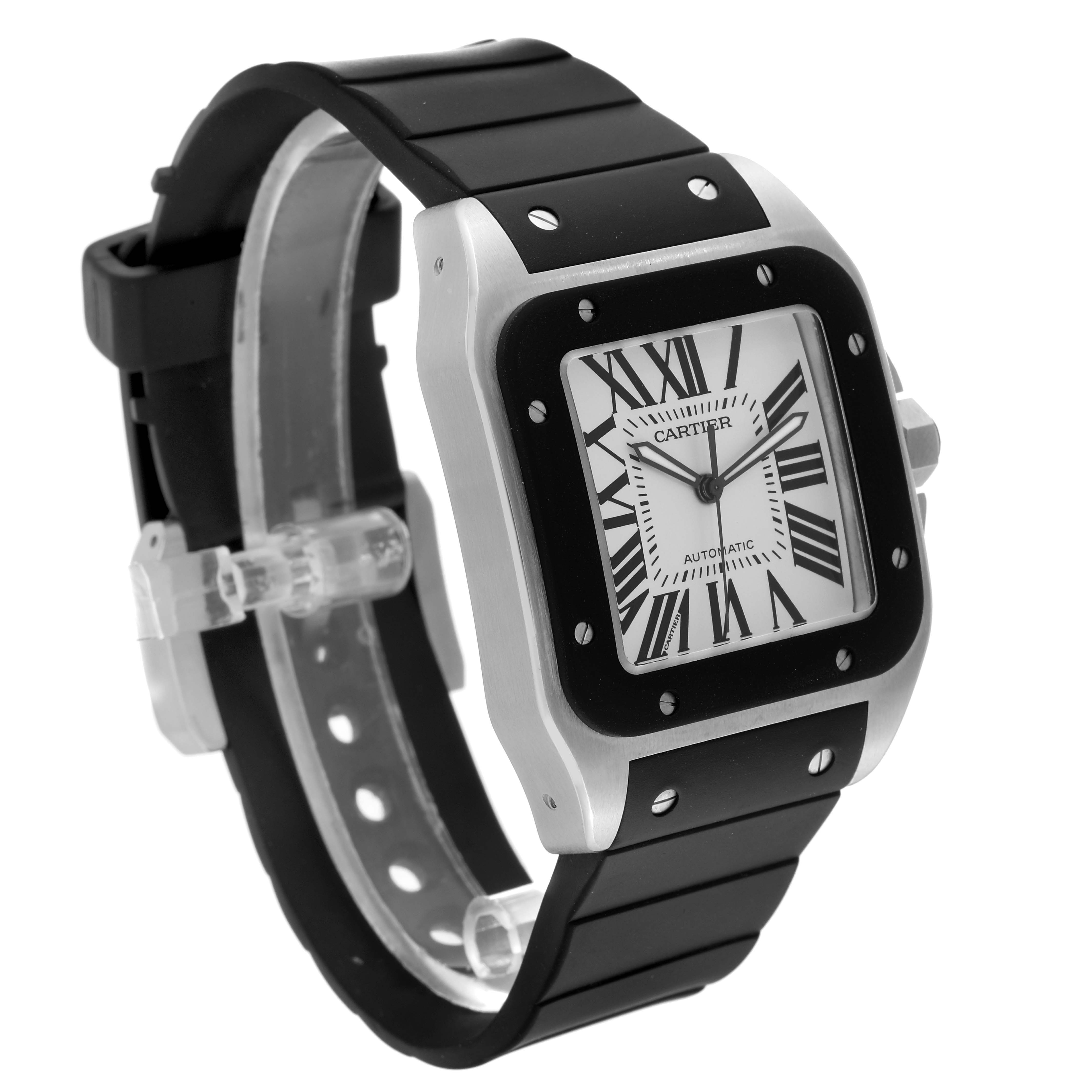 This is a side angle view of a Cartier Santos W20121U2 Men
s Stainless Steel Silver Dial W20121U2 Men
s Stainless Steel Silver Dial model watch, showcasing the face, bezel, and strap.