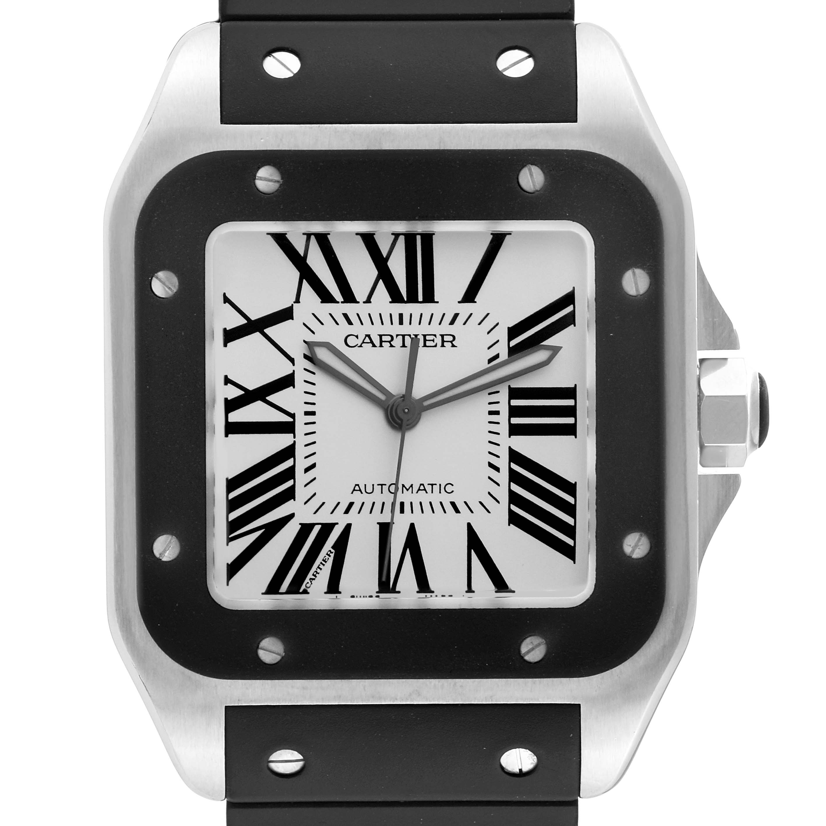 The image shows a close-up front view of the dial and bezel of the Santos model by Cartier.