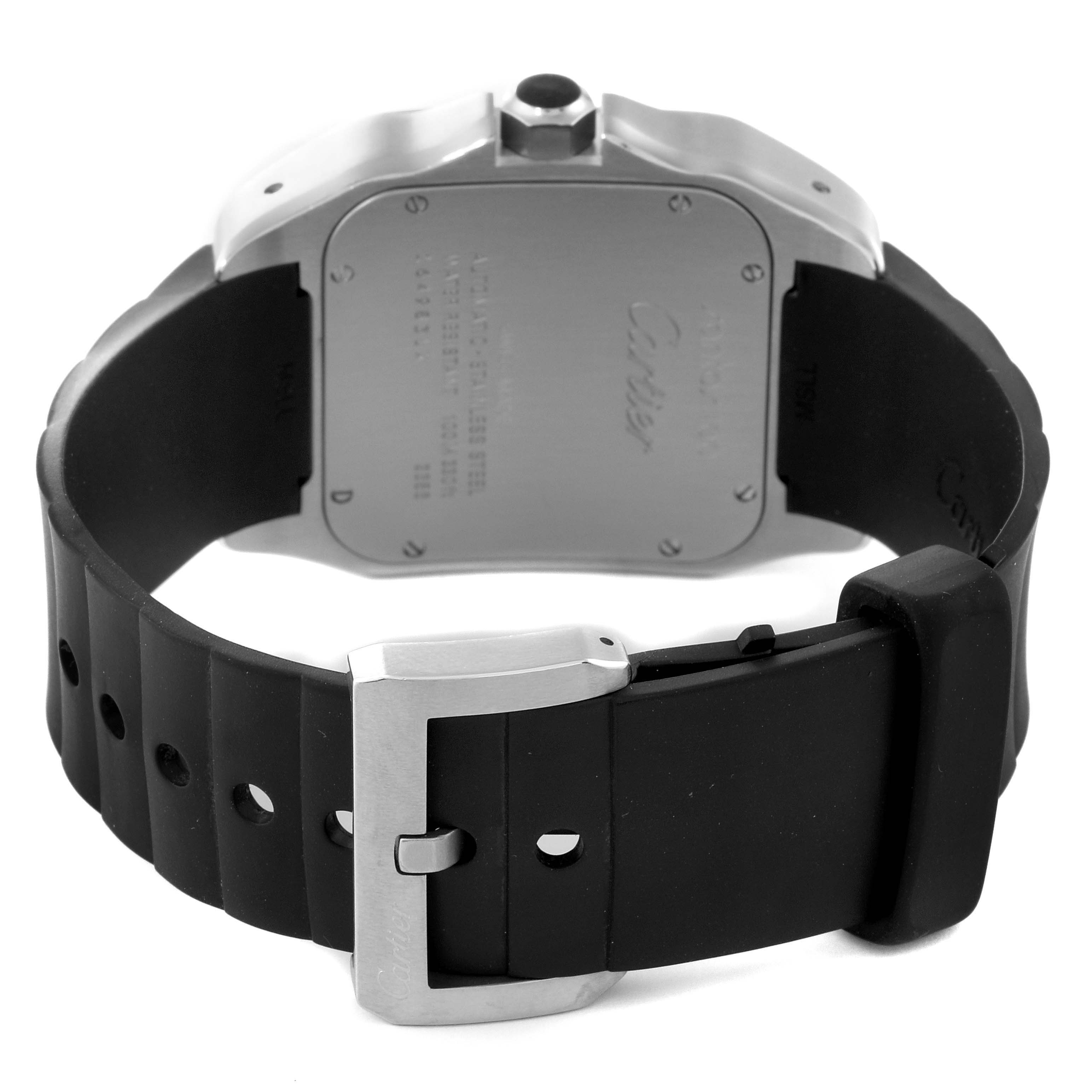 The image shows the back view of a Santos model by Cartier, highlighting the case back and rubber strap with buckle.