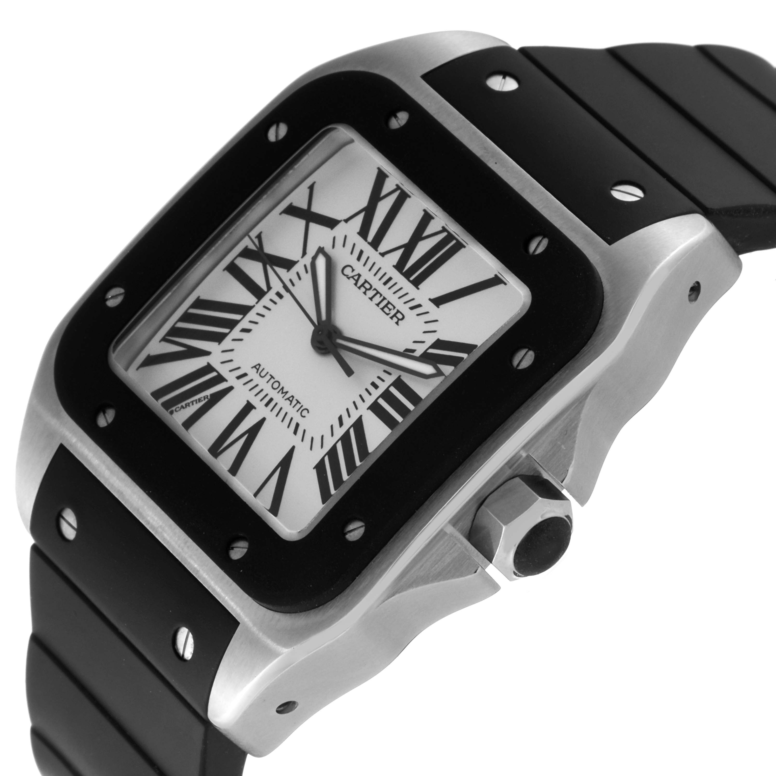 This image shows a close-up angle of the face, bezel, and part of the strap of a Cartier Santos W20121U2 Men
s Stainless Steel Silver Dial W20121U2 Men
s Stainless Steel Silver Dial watch.