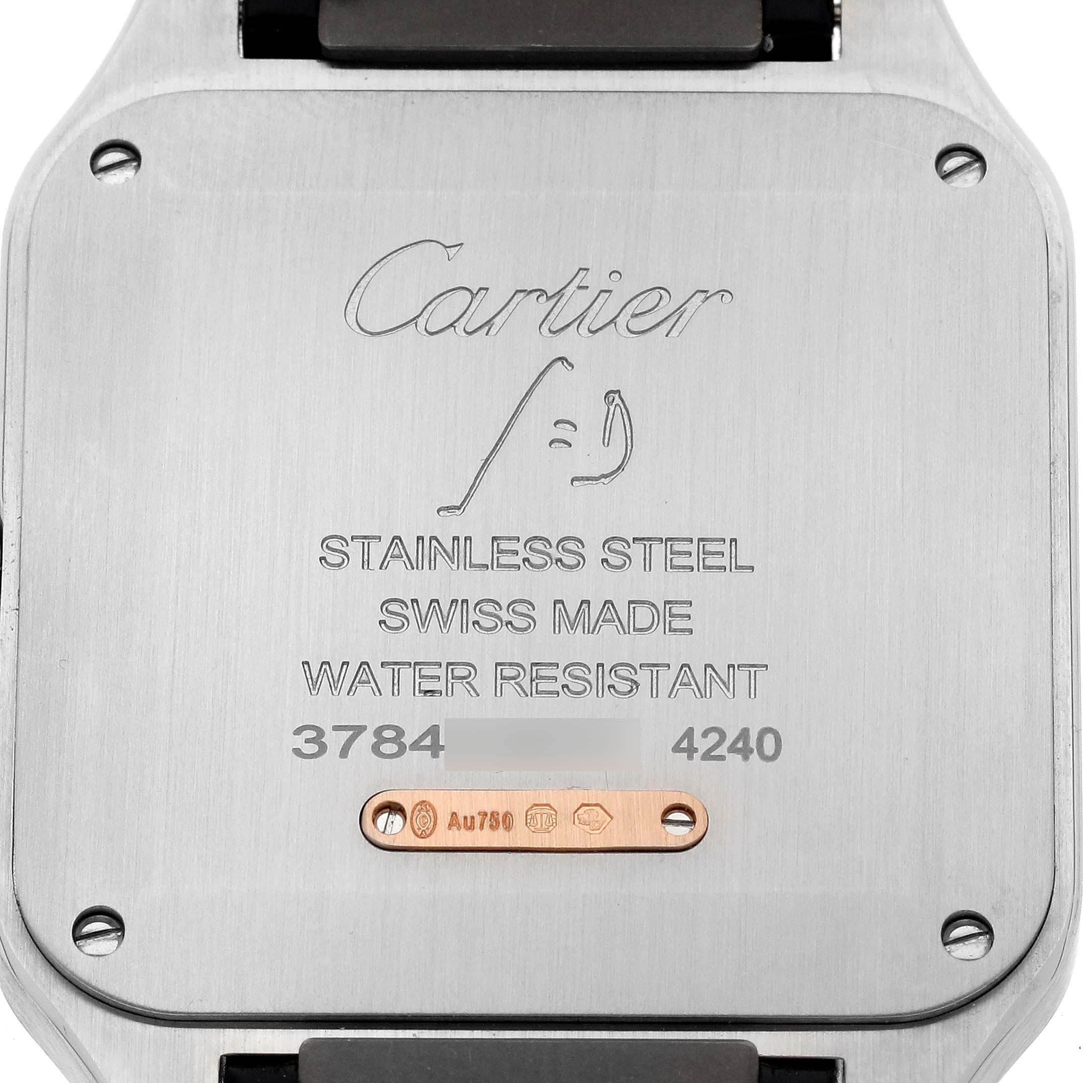 This image shows the back case of the Santos Dumont model by Cartier, revealing engravings and material details.