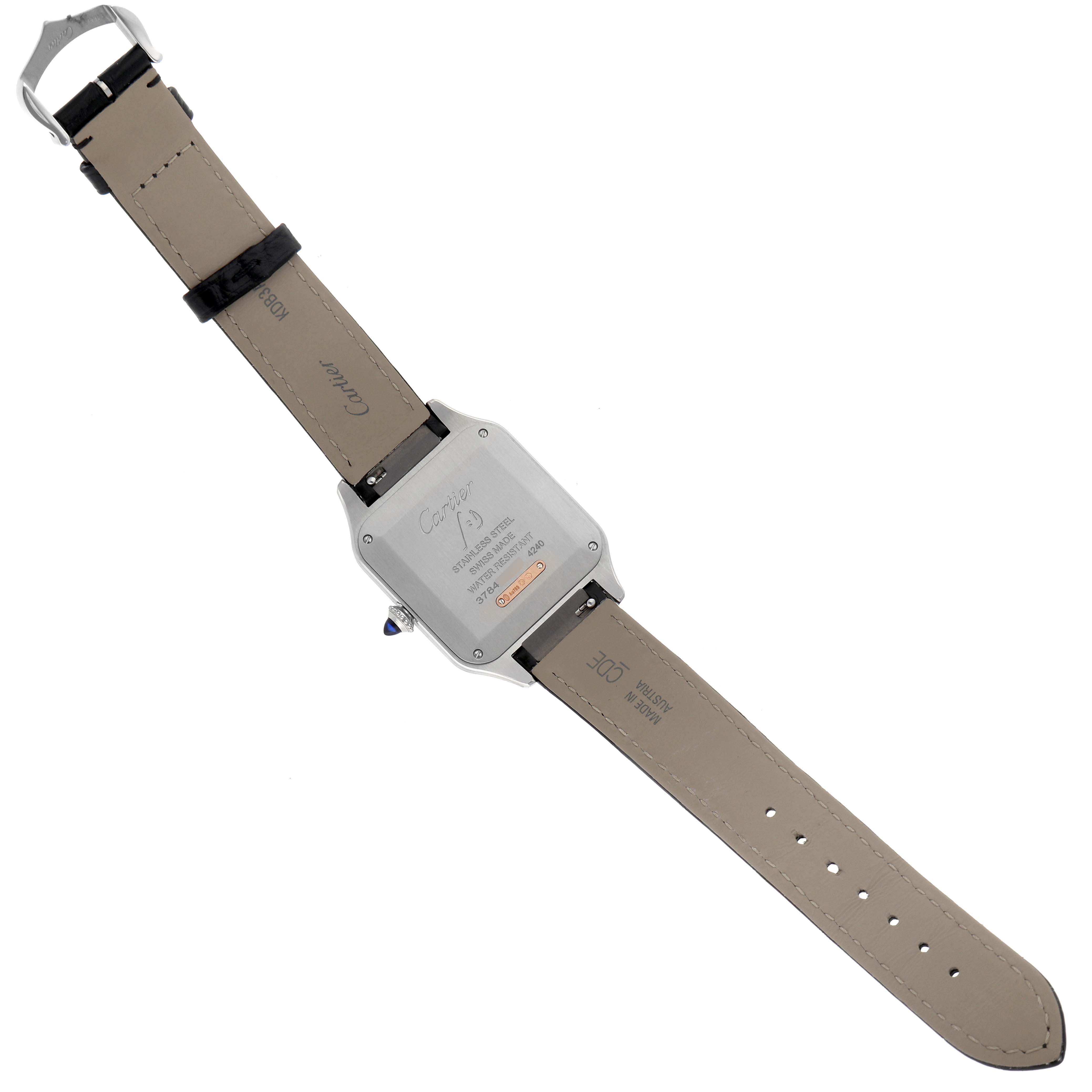 The image shows the back view of a Cartier Santos Dumont W2SA0011 Men's Steel and Gold (two tone) Silver Dial W2SA0011 Men's Steel and Gold (two tone) Silver Dial watch, displaying the case back and both leather straps.