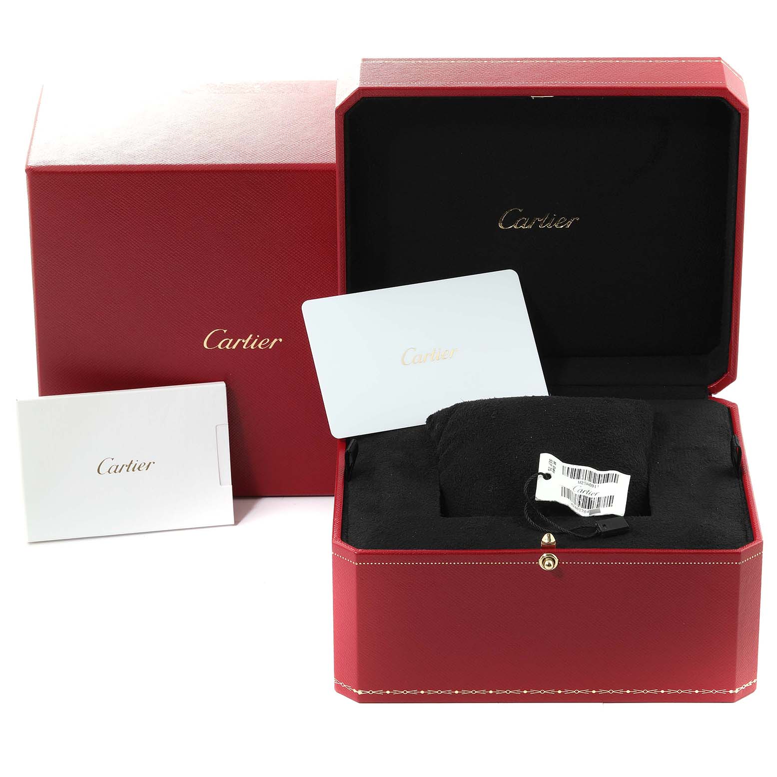 The image shows a Cartier Santos Dumont W2SA0011 Men's Steel and Gold (two tone) Silver Dial W2SA0011 Men's Steel and Gold (two tone) Silver Dial watch box and accessories, including the outer and inner boxes, documentation, and a cushion.