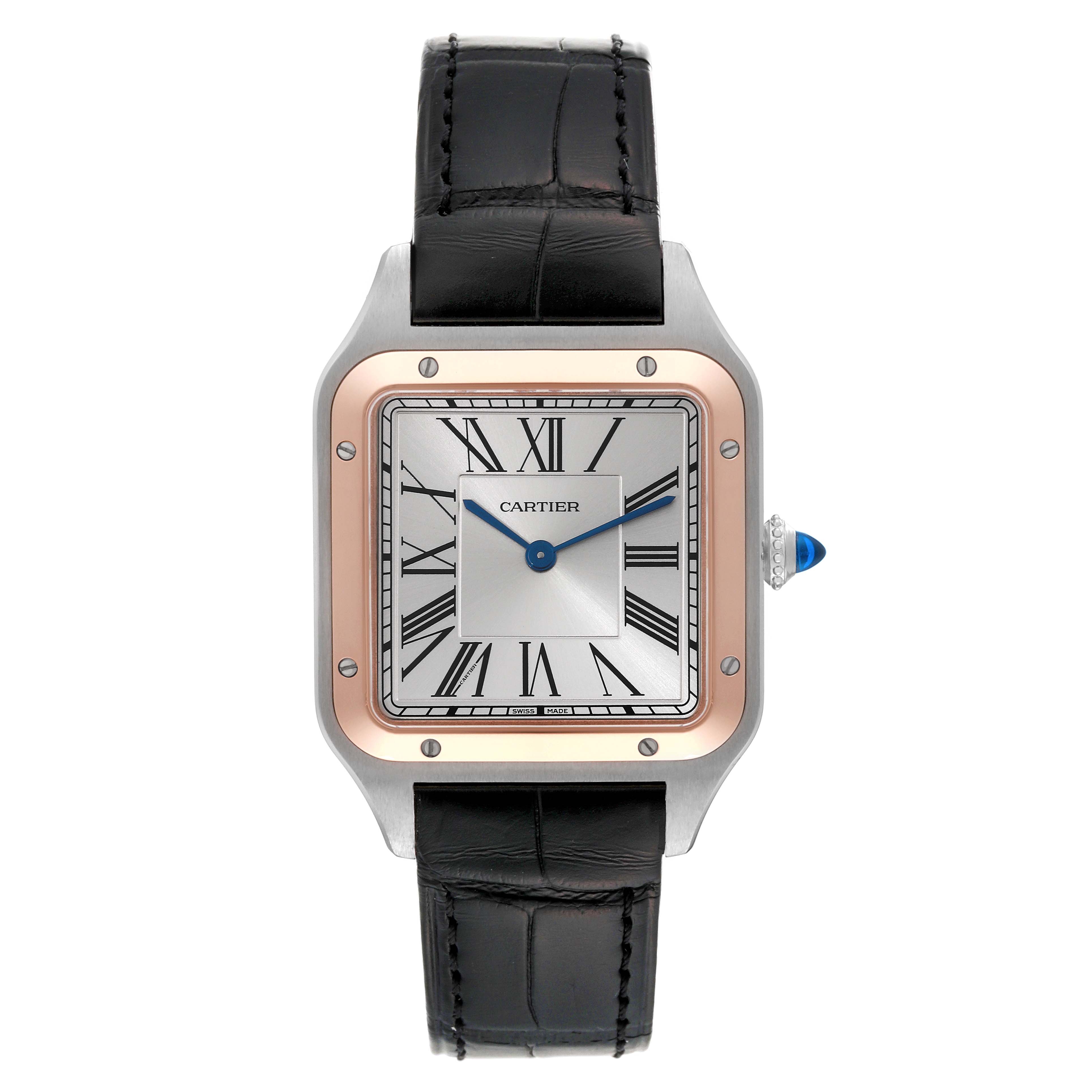 The image shows a front view of a Cartier Santos Dumont W2SA0011 Men's Steel and Gold (two tone) Silver Dial W2SA0011 Men's Steel and Gold (two tone) Silver Dial watch, with a square face, Roman numerals, and a black leather strap.