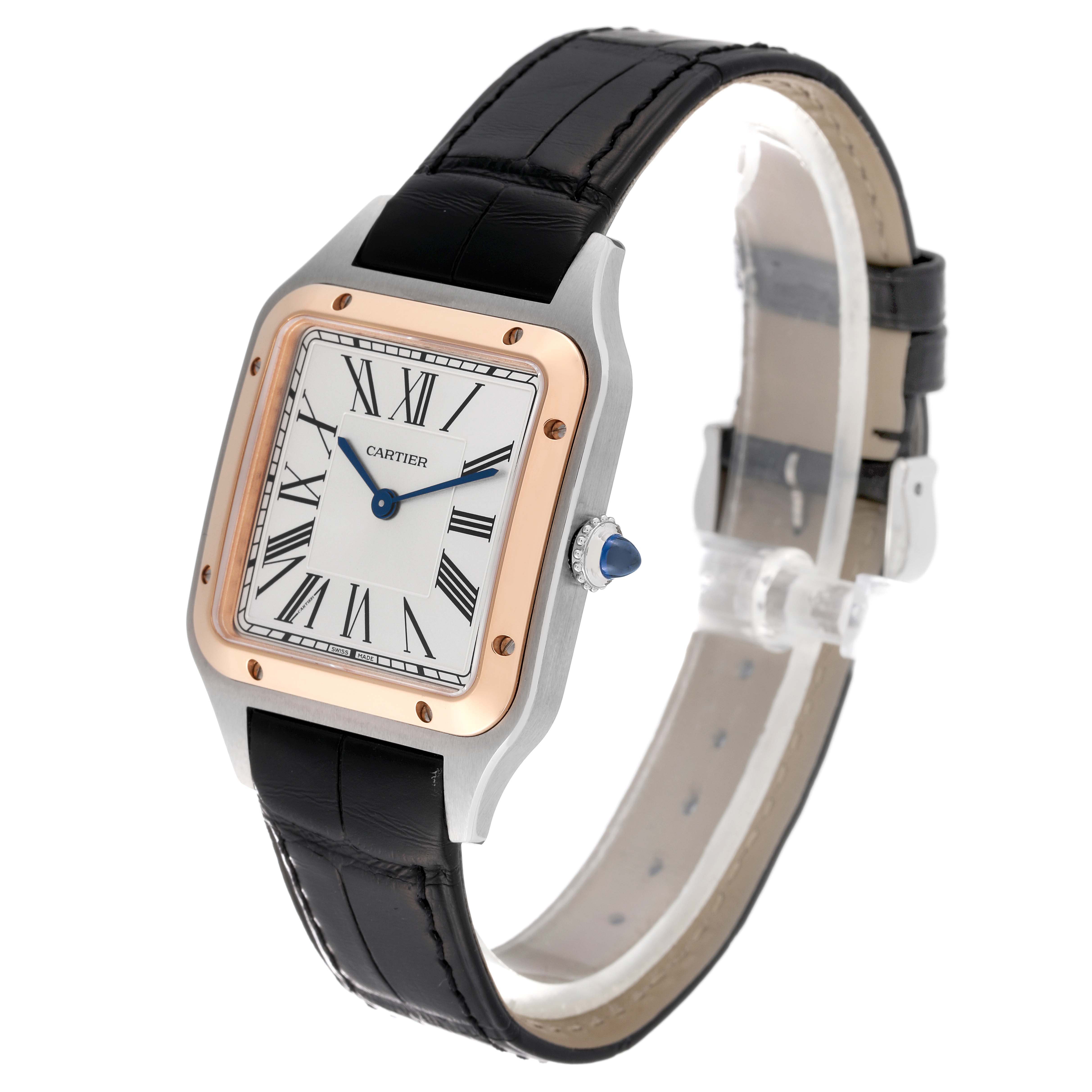 This image shows a side angle of the Cartier Santos Dumont W2SA0011 Men's Steel and Gold (two tone) Silver Dial W2SA0011 Men's Steel and Gold (two tone) Silver Dial watch, highlighting its face, crown, and band.