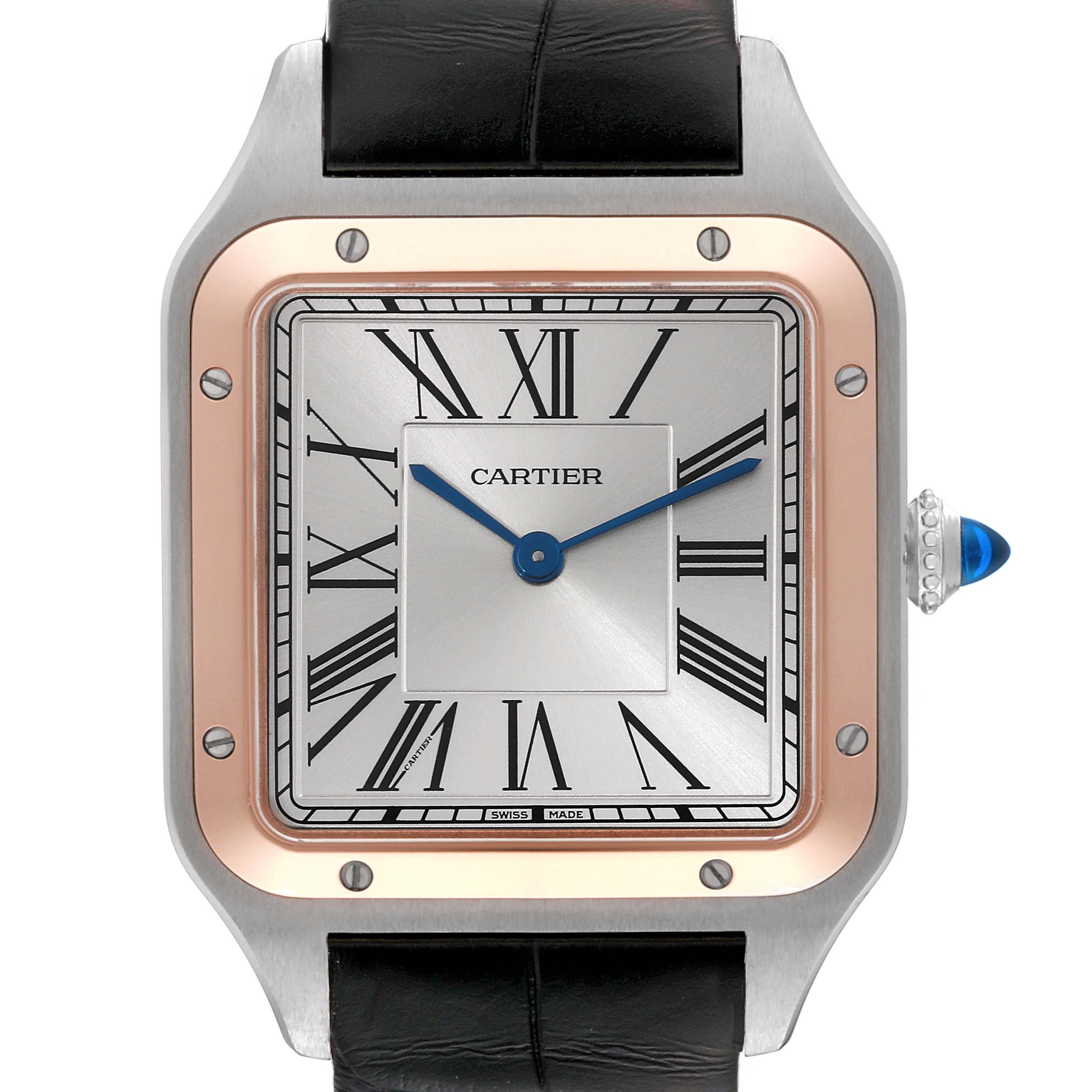 This image shows a head-on view of the Cartier Santos Dumont W2SA0011 Men's Steel and Gold (two tone) Silver Dial W2SA0011 Men's Steel and Gold (two tone) Silver Dial watch, highlighting its square face, Roman numerals, metallic bezel, and leather strap.