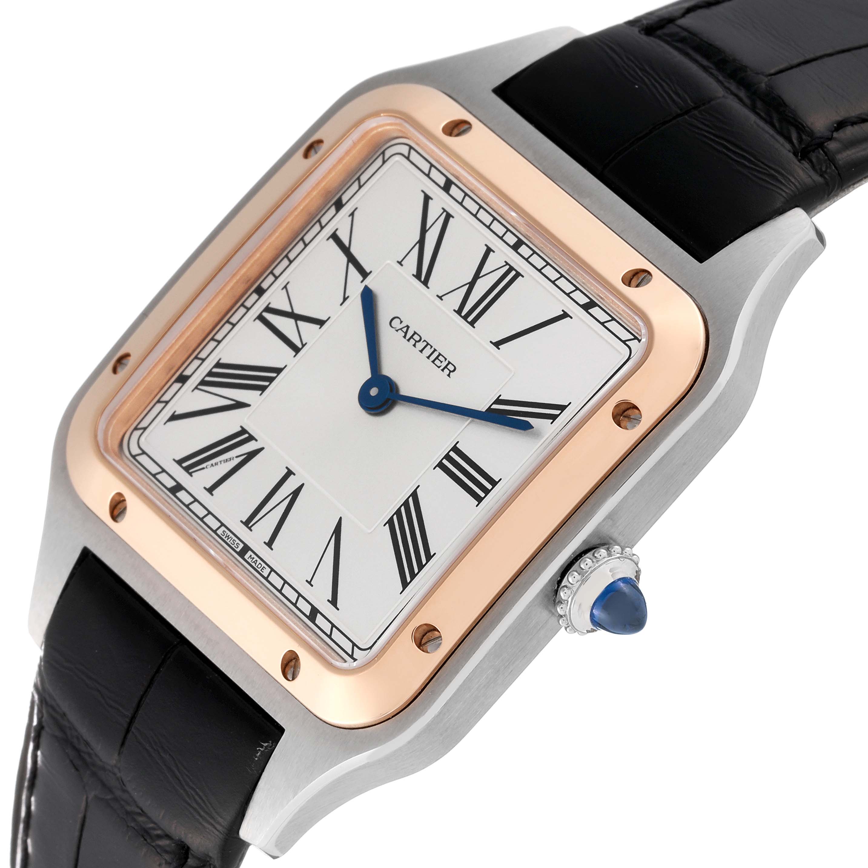 The image shows a close-up angle of the Cartier Santos Dumont W2SA0011 Men's Steel and Gold (two tone) Silver Dial W2SA0011 Men's Steel and Gold (two tone) Silver Dial watch, highlighting its face, bezel, crown, and strap.