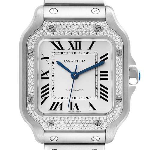 Photo of Cartier Santos Silver Dial Medium Steel Diamond Mens Watch W4SA0005