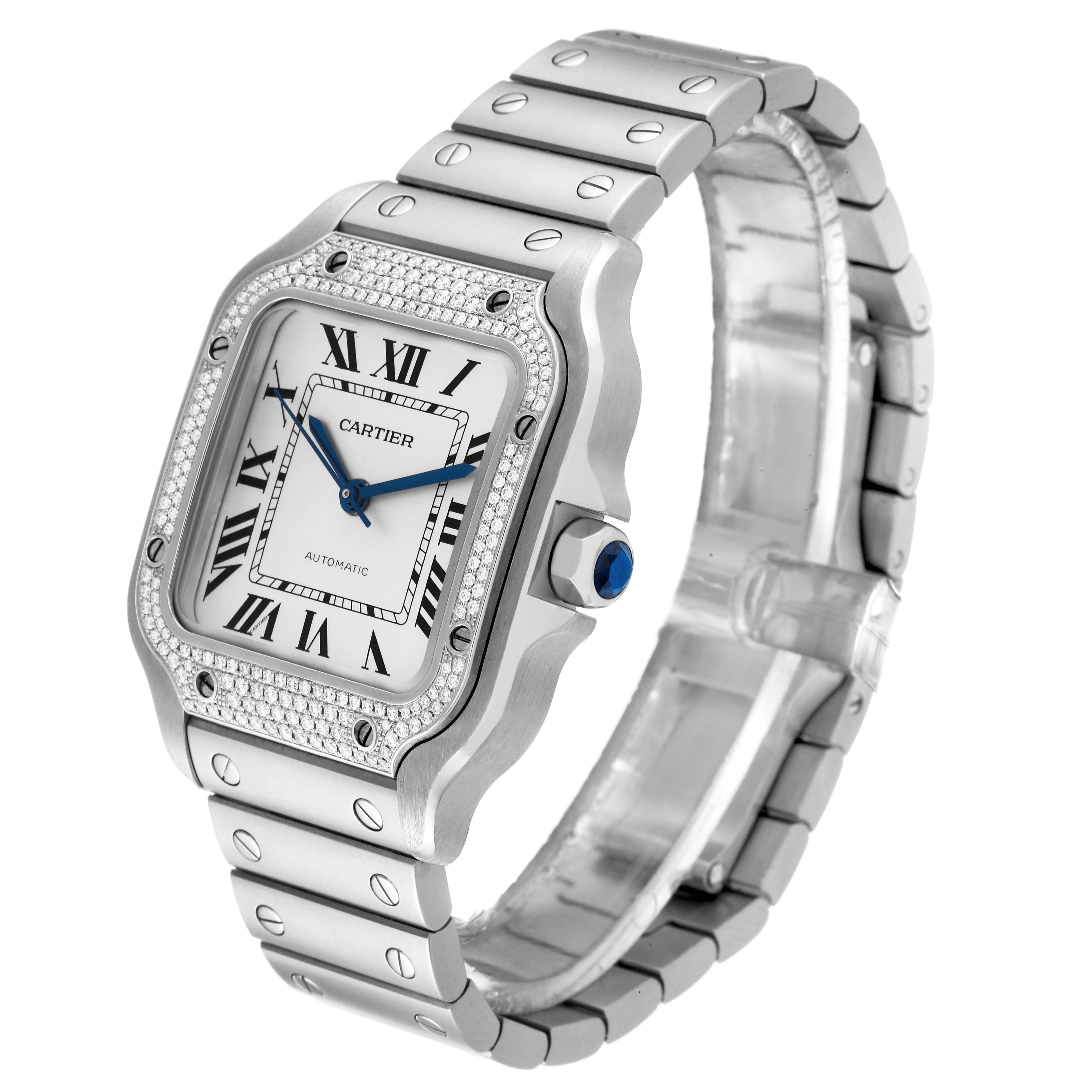 The Cartier Santos W4SA0005 Men
s Stainless Steel Silver Dial W4SA0005 Men
s Stainless Steel Silver Dial watch is shown at a front-left angle, displaying its dial, bezel, and metal bracelet.