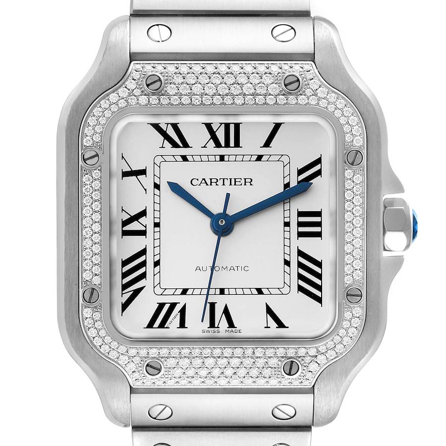Cartier Santos Silver Dial Medium Steel Diamond Mens Watch W4SA0005 SwissWatchExpo