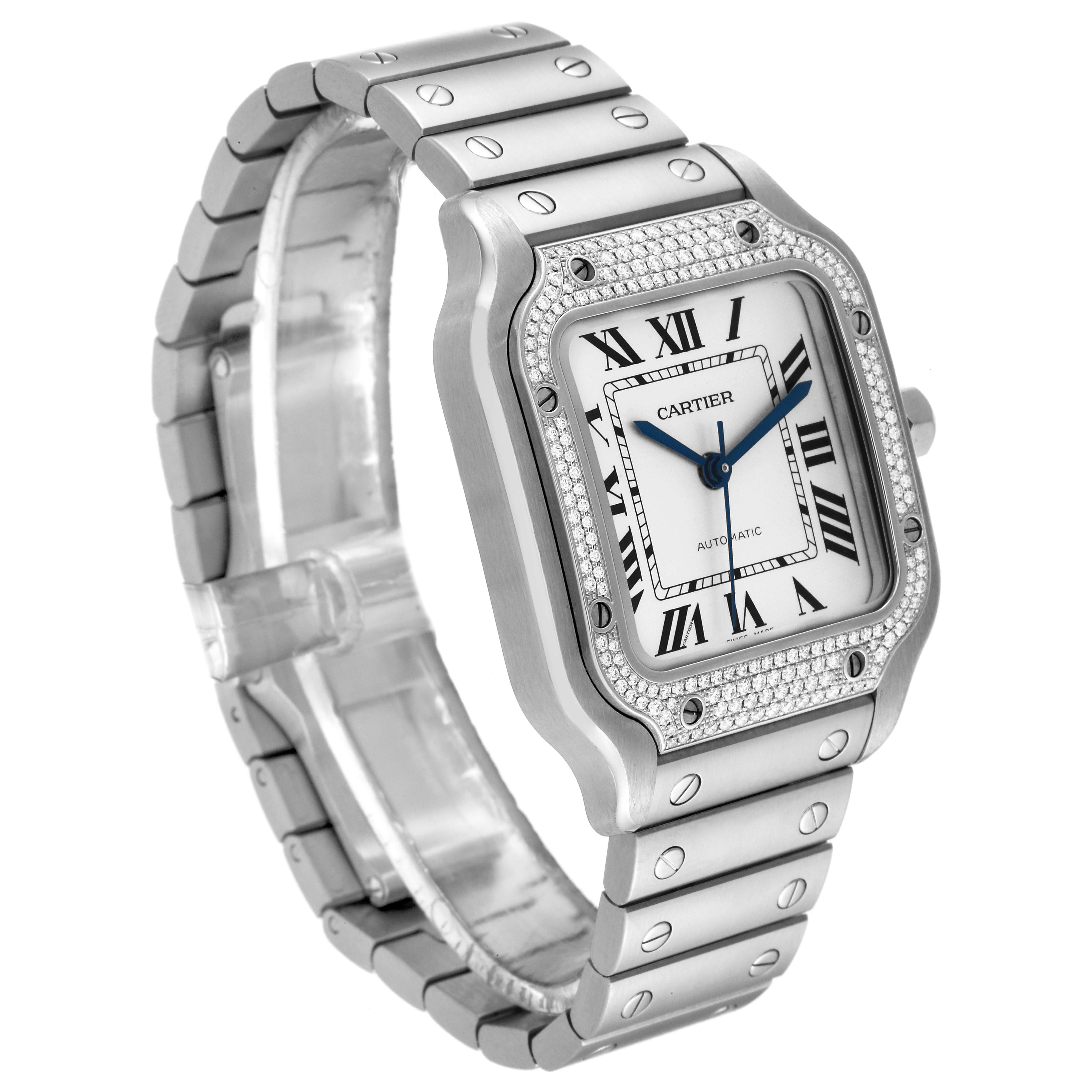 The image shows a Cartier Santos W4SA0005 Men
s Stainless Steel Silver Dial W4SA0005 Men
s Stainless Steel Silver Dial watch from an oblique angle, highlighting the case, dial, bezel, and bracelet.