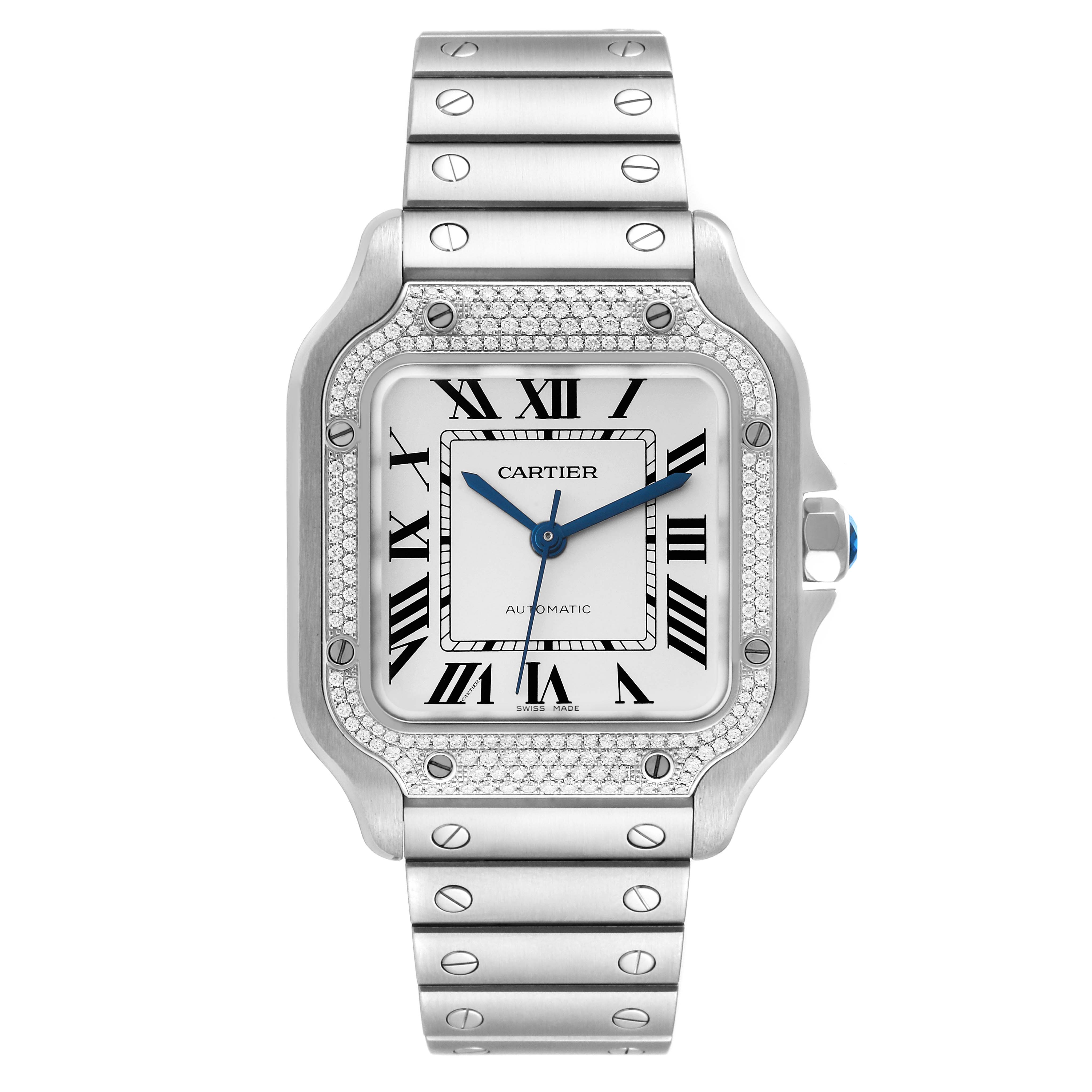 The image shows a front view of the Cartier Santos W4SA0005 Men
s Stainless Steel Silver Dial W4SA0005 Men
s Stainless Steel Silver Dial watch, displaying its dial, bezel, and bracelet.