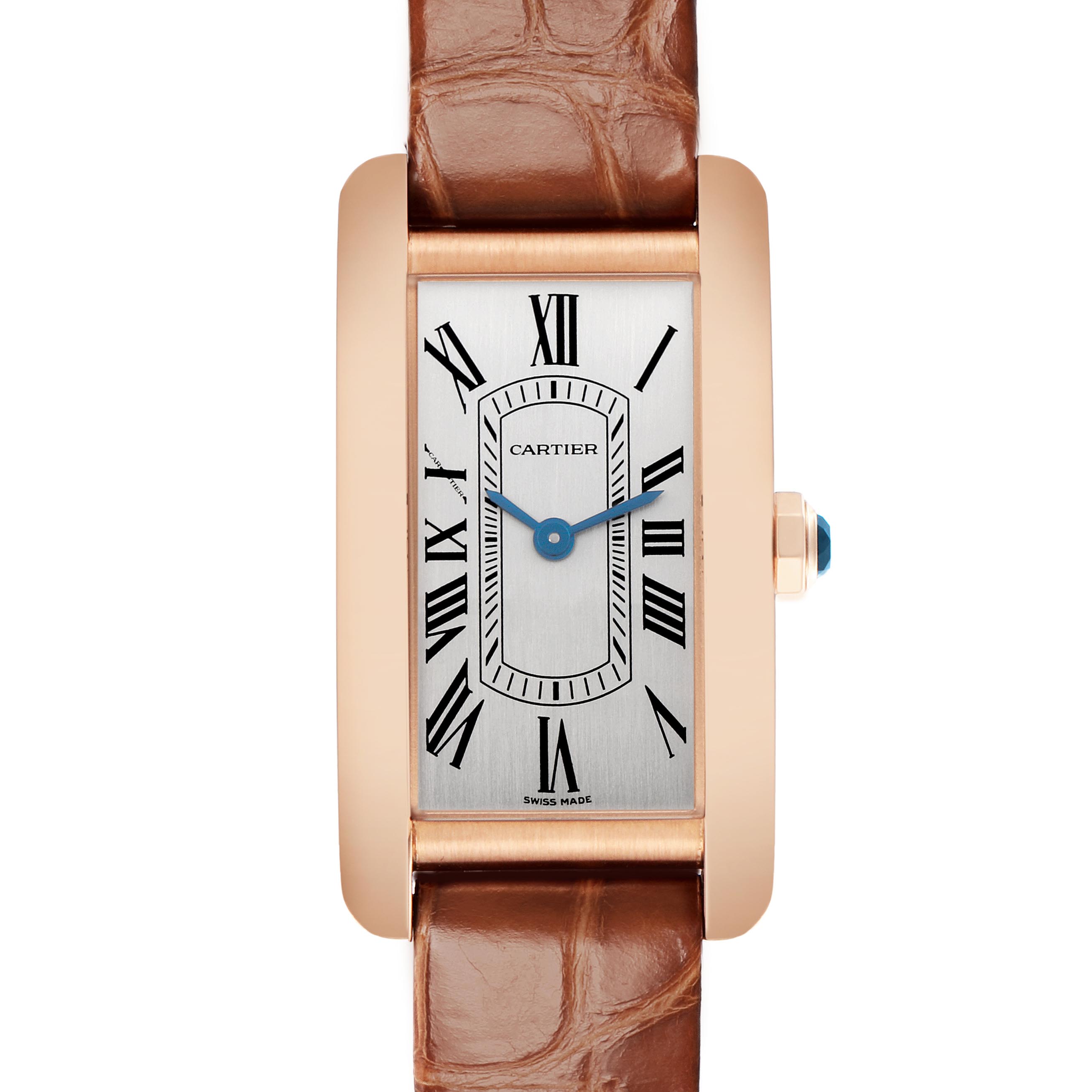The Cartier Tank Américaine watch is shown from the front, displaying its rectangular face, Roman numerals, and leather strap.