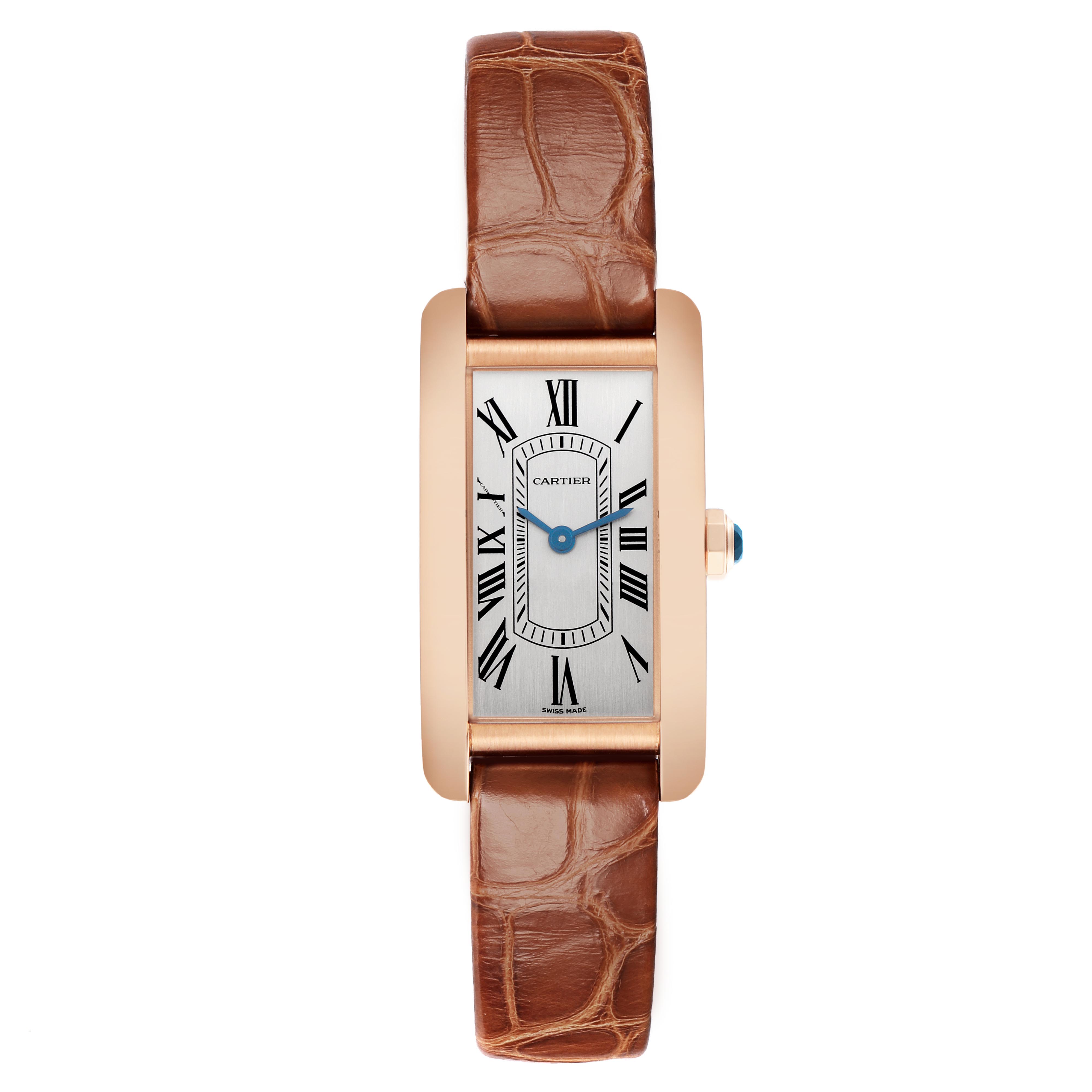 The Cartier Tank Américaine watch is shown from a top-down angle displaying the entire face, case, and brown leather strap.