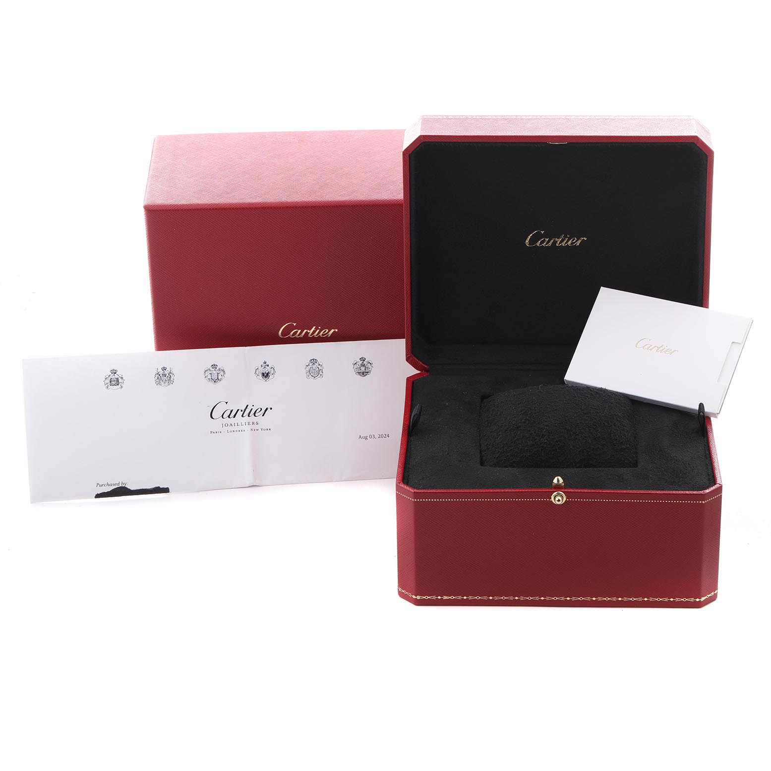 The image shows the packaging and paperwork for a Cartier Tank Americaine W2607456 Women
s Rose Gold Silver Dial W2607456 Women
s Rose Gold Silver Dial, including an open red box and document.