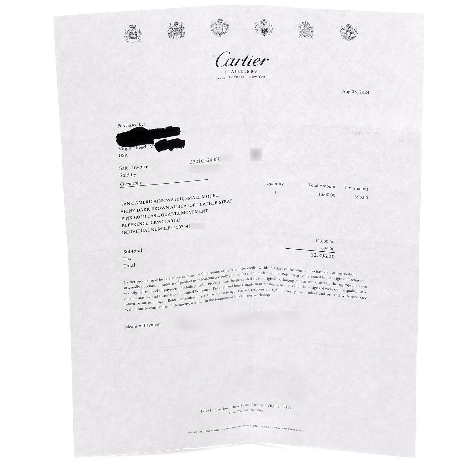 The image shows an invoice for a Cartier Tank Americaine W2607456 Women
s Rose Gold Silver Dial W2607456 Women
s Rose Gold Silver Dial model watch, mentioning a leather strap and quartz movement.