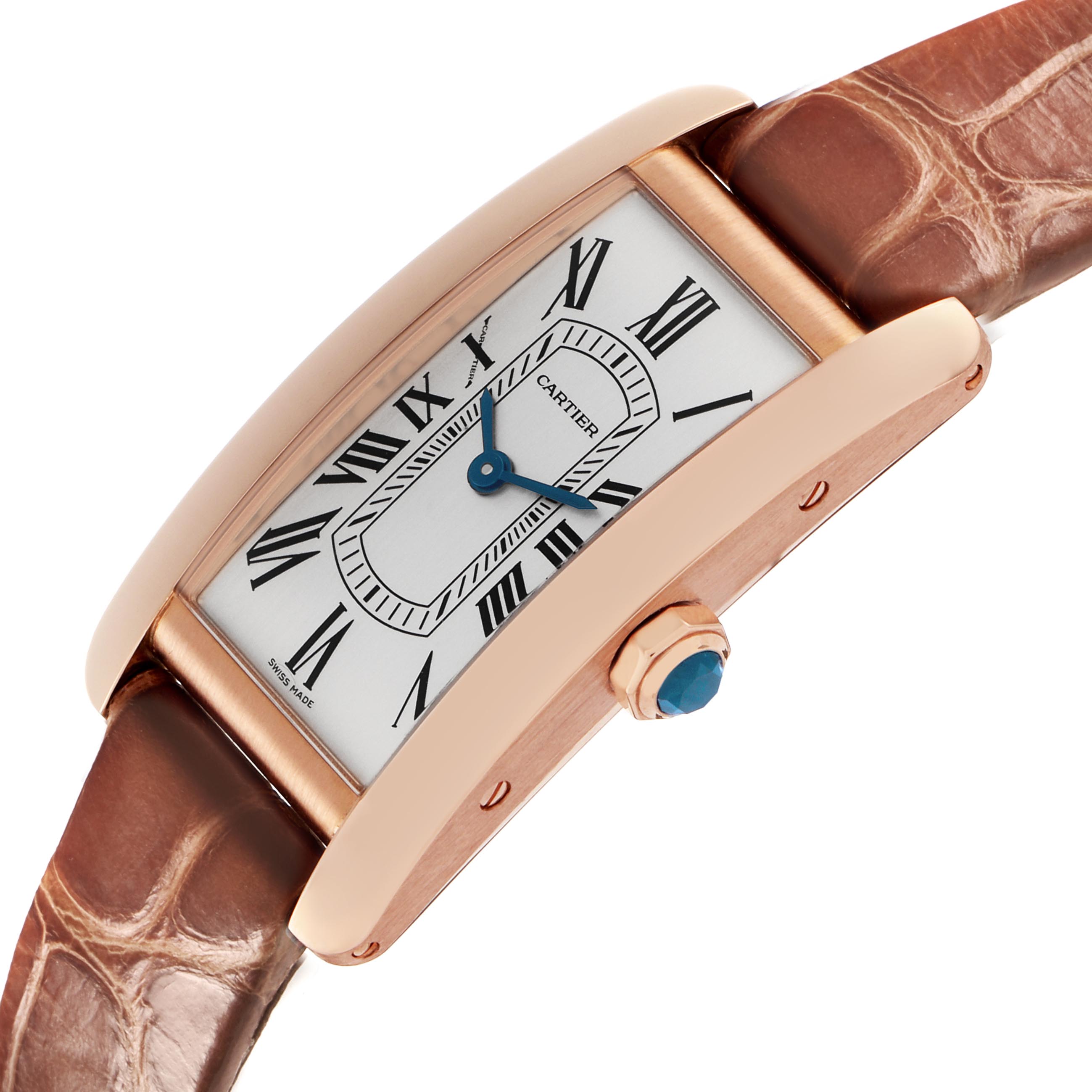 The Cartier Tank Americaine W2607456 Women
s Rose Gold Silver Dial W2607456 Women
s Rose Gold Silver Dial watch is shown at a side angle, featuring its rose gold case, white dial with Roman numerals, and leather strap.