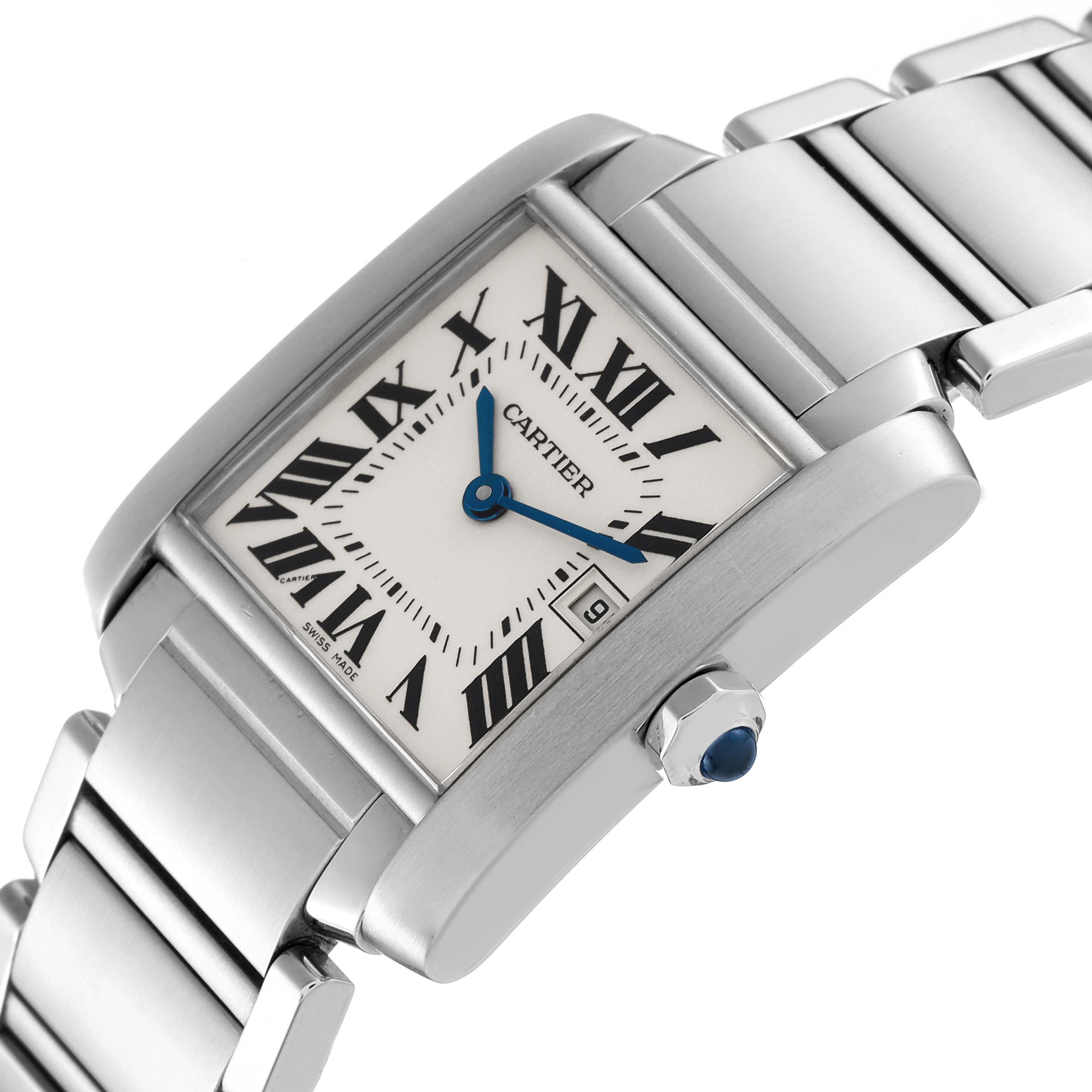 The image shows a close-up angled view of the Cartier Tank Française model, highlighting its face, bracelet, and crown.