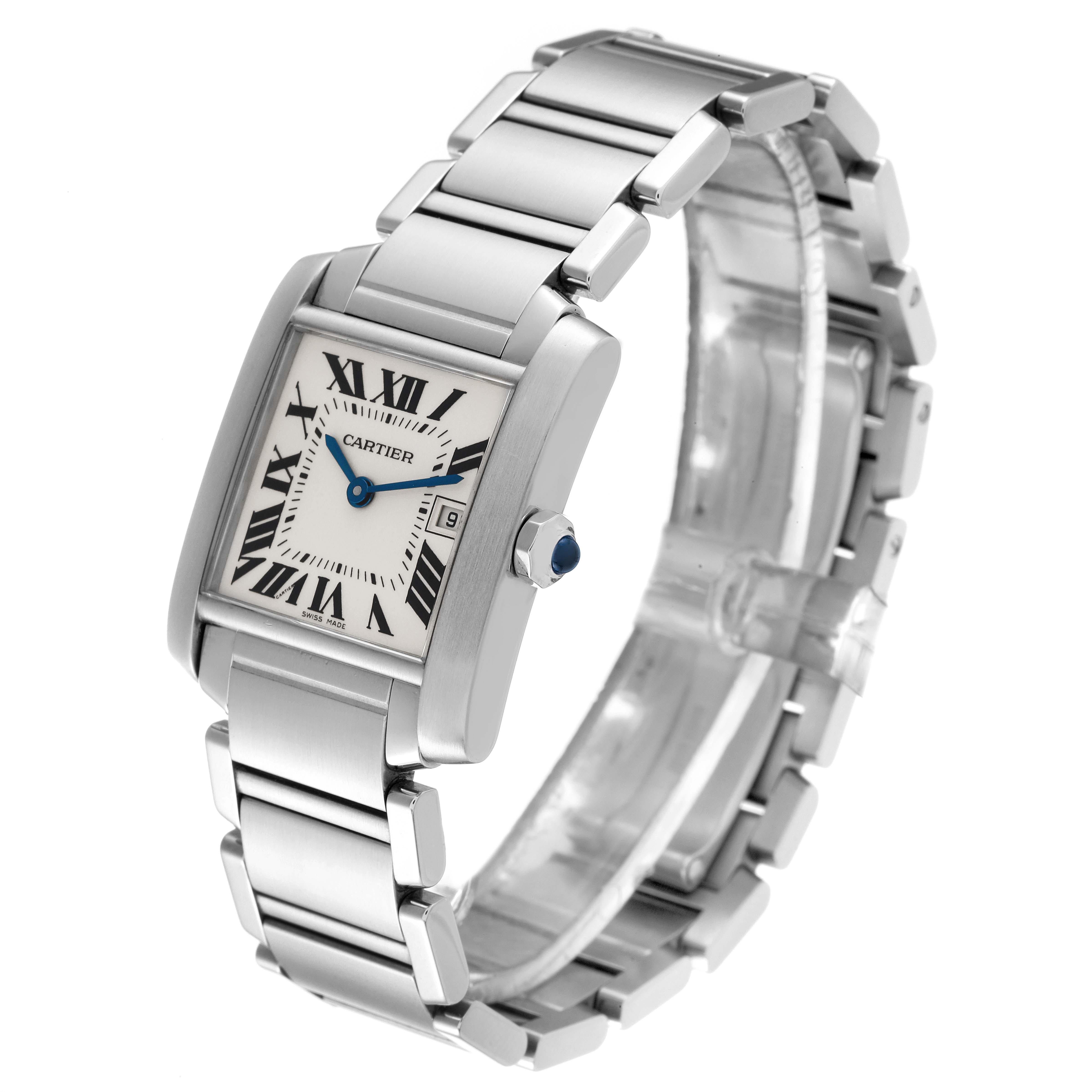 The Cartier Tank Francaise W51011Q3 Women's Stainless Steel Silver Dial W51011Q3 Women's Stainless Steel Silver Dial watch is shown at an oblique angle, highlighting its face, bracelet, and side profile.