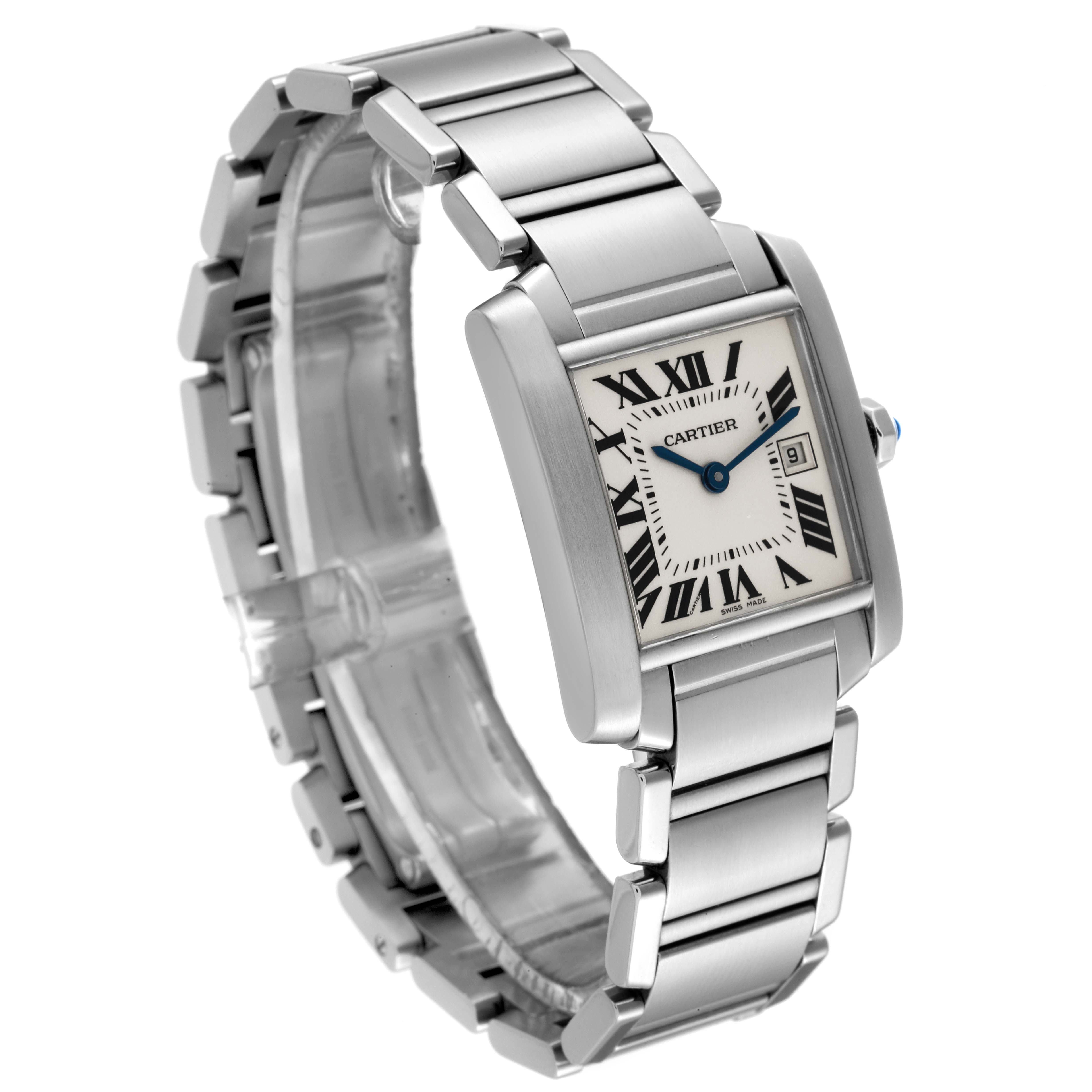 This image shows a Cartier Tank Francaise W51011Q3 Women's Stainless Steel Silver Dial W51011Q3 Women's Stainless Steel Silver Dial watch at an angled view, highlighting its stainless steel bracelet and rectangular dial.