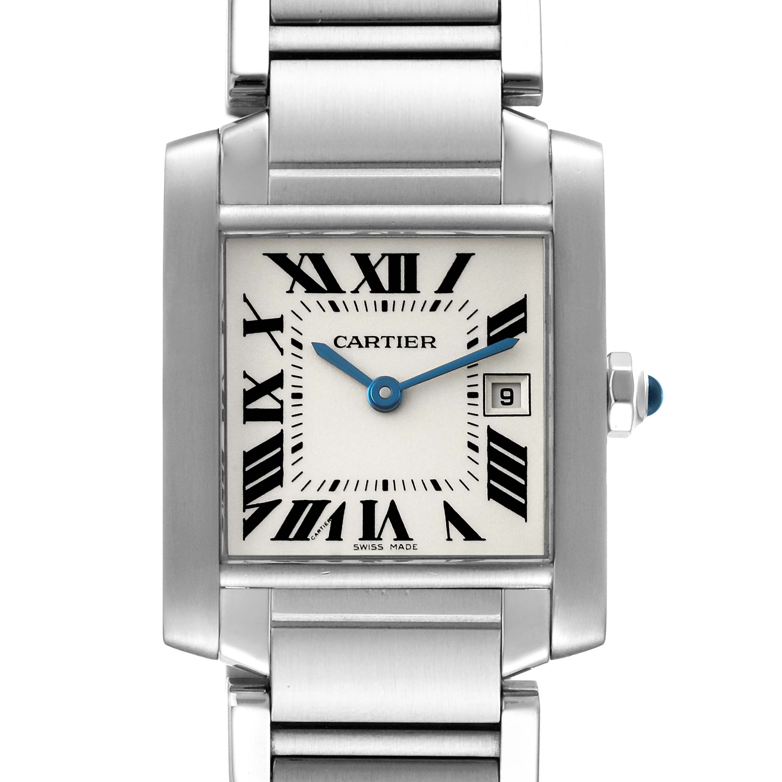 The image shows a front view of the Cartier Tank Francaise W51011Q3 Women's Stainless Steel Silver Dial W51011Q3 Women's Stainless Steel Silver Dial watch, featuring its rectangular face, Roman numerals, date display, and metal bracelet.