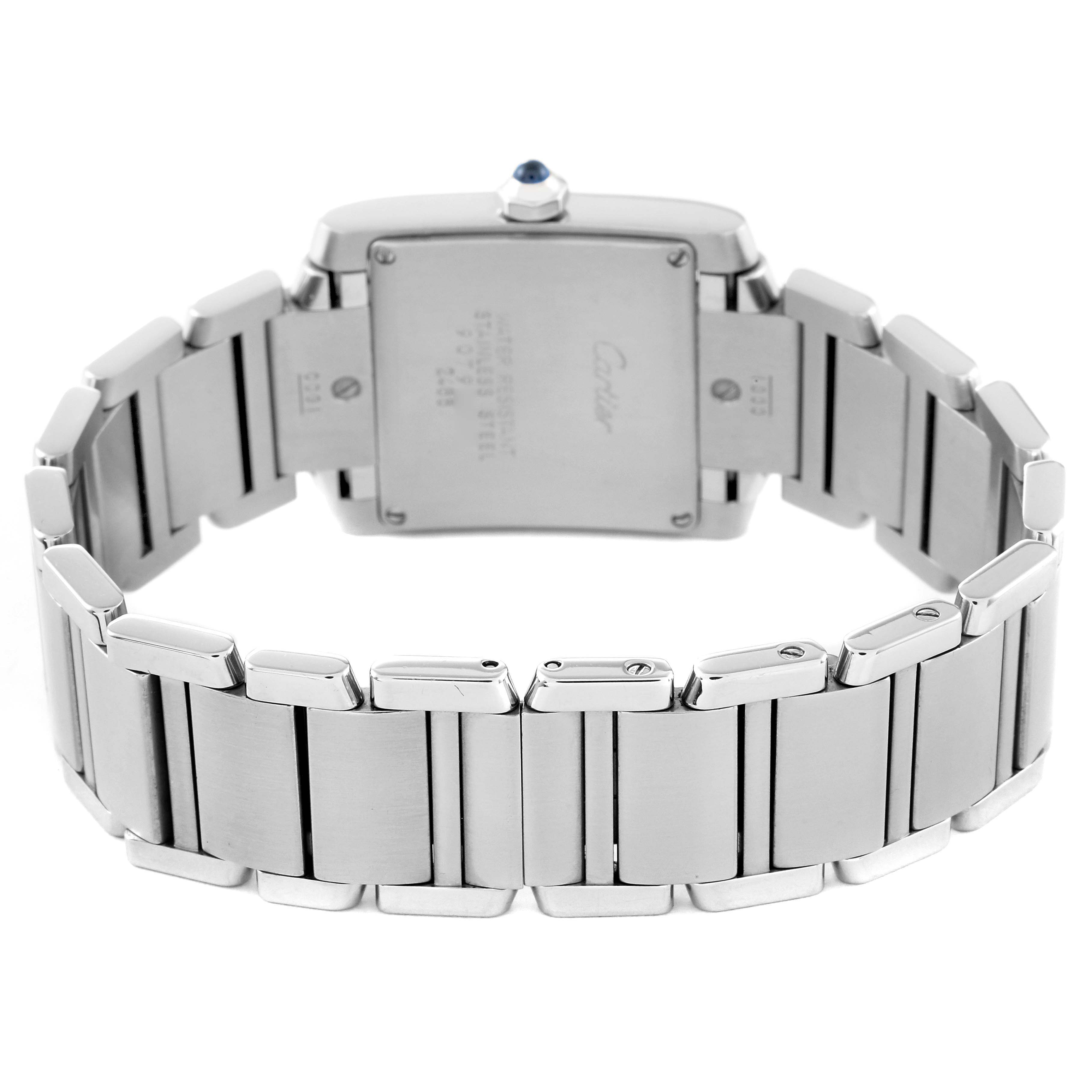 The image shows the back view of a Cartier Tank Francaise W51011Q3 Women's Stainless Steel Silver Dial W51011Q3 Women's Stainless Steel Silver Dial watch, focusing on its stainless steel case and bracelet.