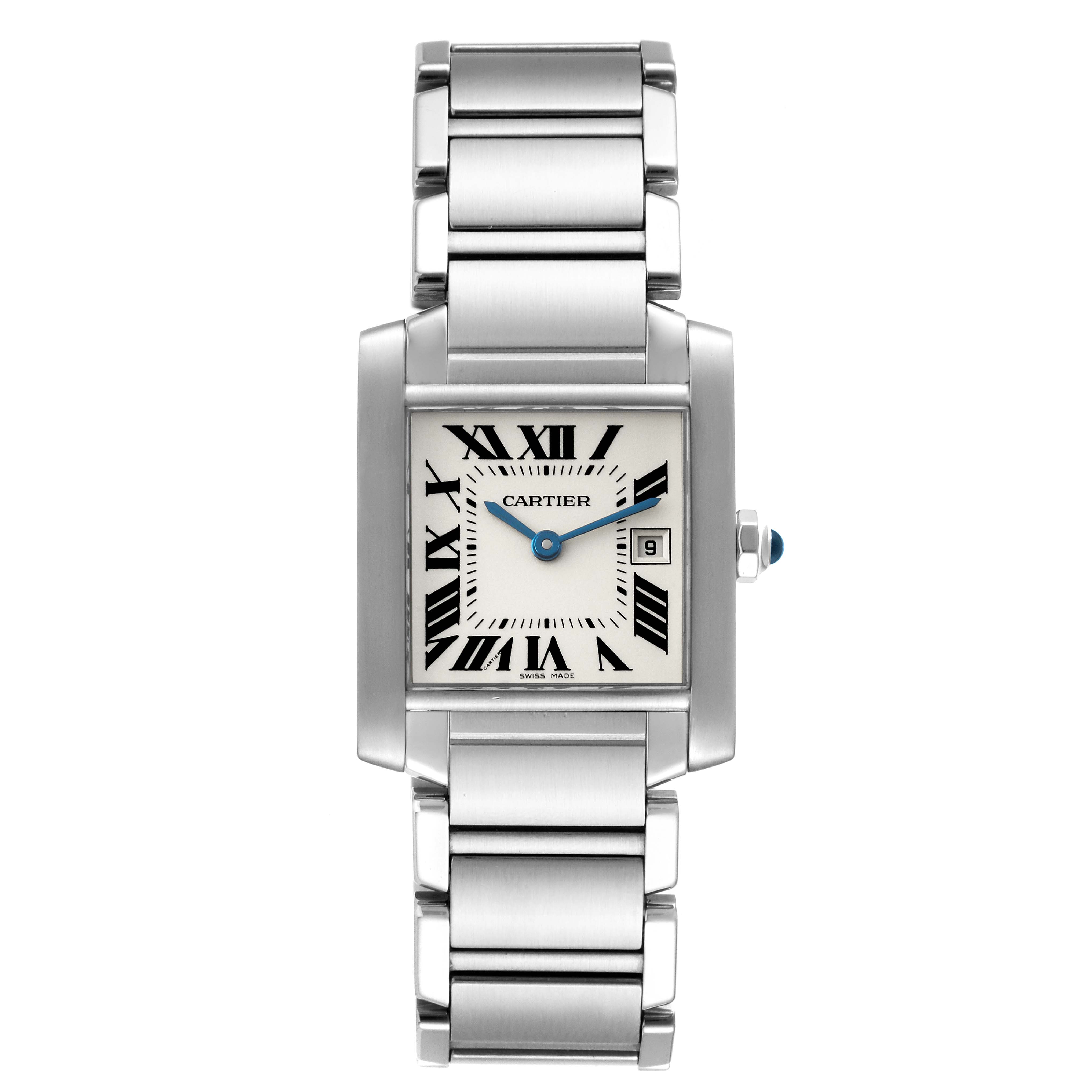 This Cartier Tank Française watch is shown from a front angle, highlighting its rectangular dial, Roman numerals, and metal bracelet.