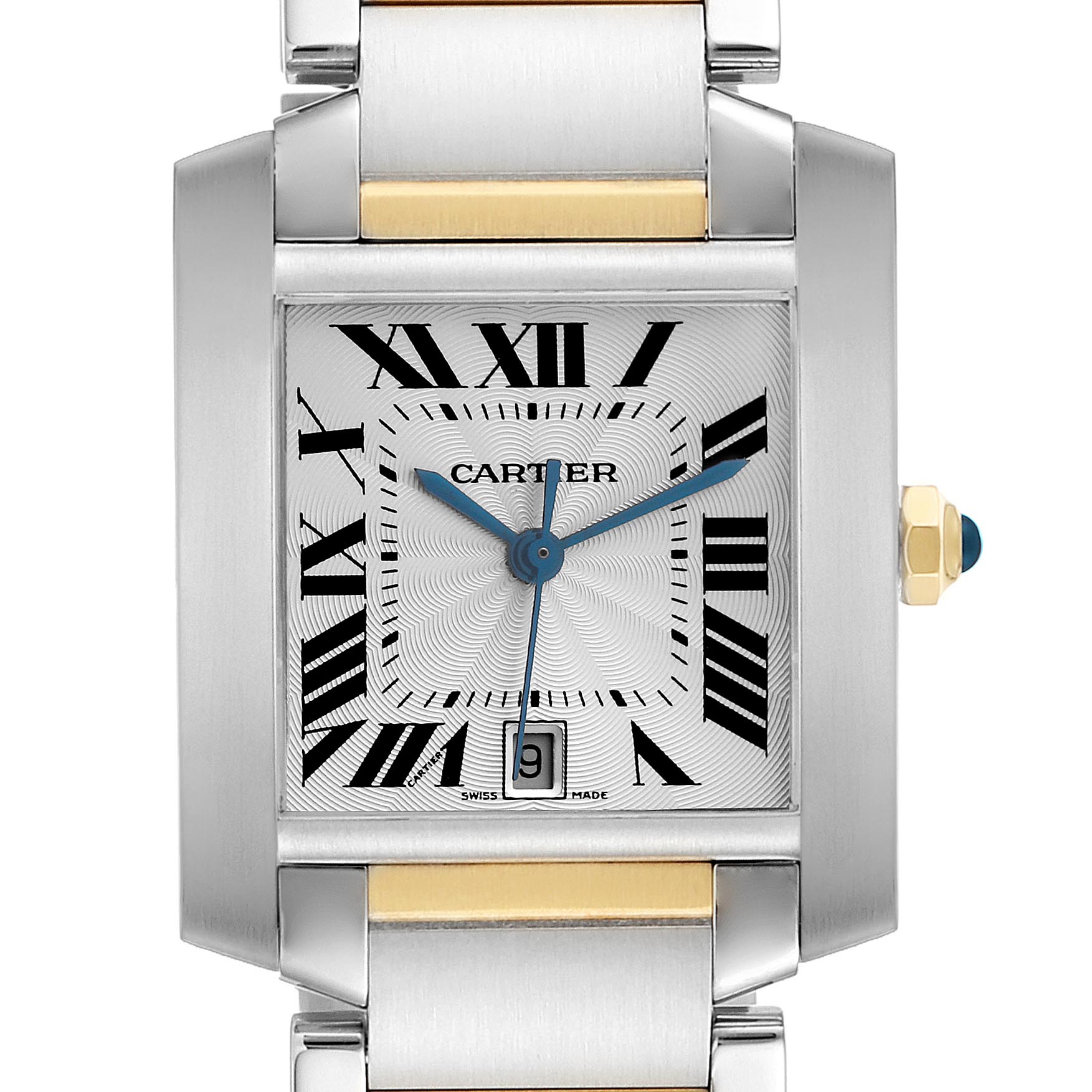 The Cartier Tank Française watch is shown from the front, highlighting its silver and gold bracelet, Roman numerals, and date window.