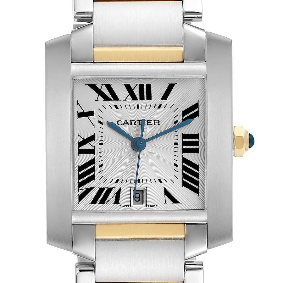 The Cartier Tank Française watch is shown from the front, highlighting its silver and gold bracelet, Roman numerals, and date window.