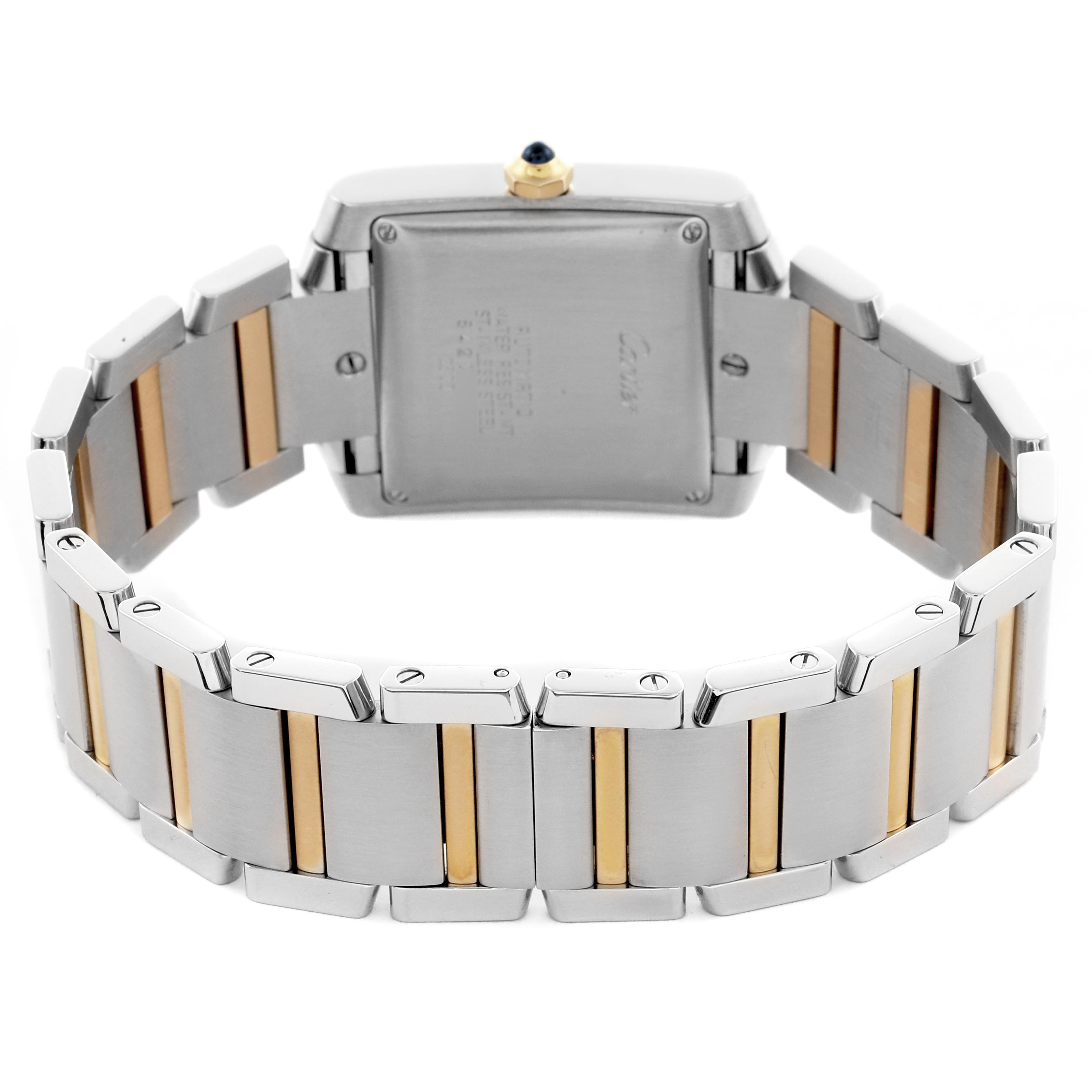The image shows the back view of the Cartier Tank Francaise W51005Q4 Men
s Steel and Gold (two tone) Silver Dial W51005Q4 Men
s Steel and Gold (two tone) Silver Dial watch, highlighting the rectangular case and two-tone metal bracelet.