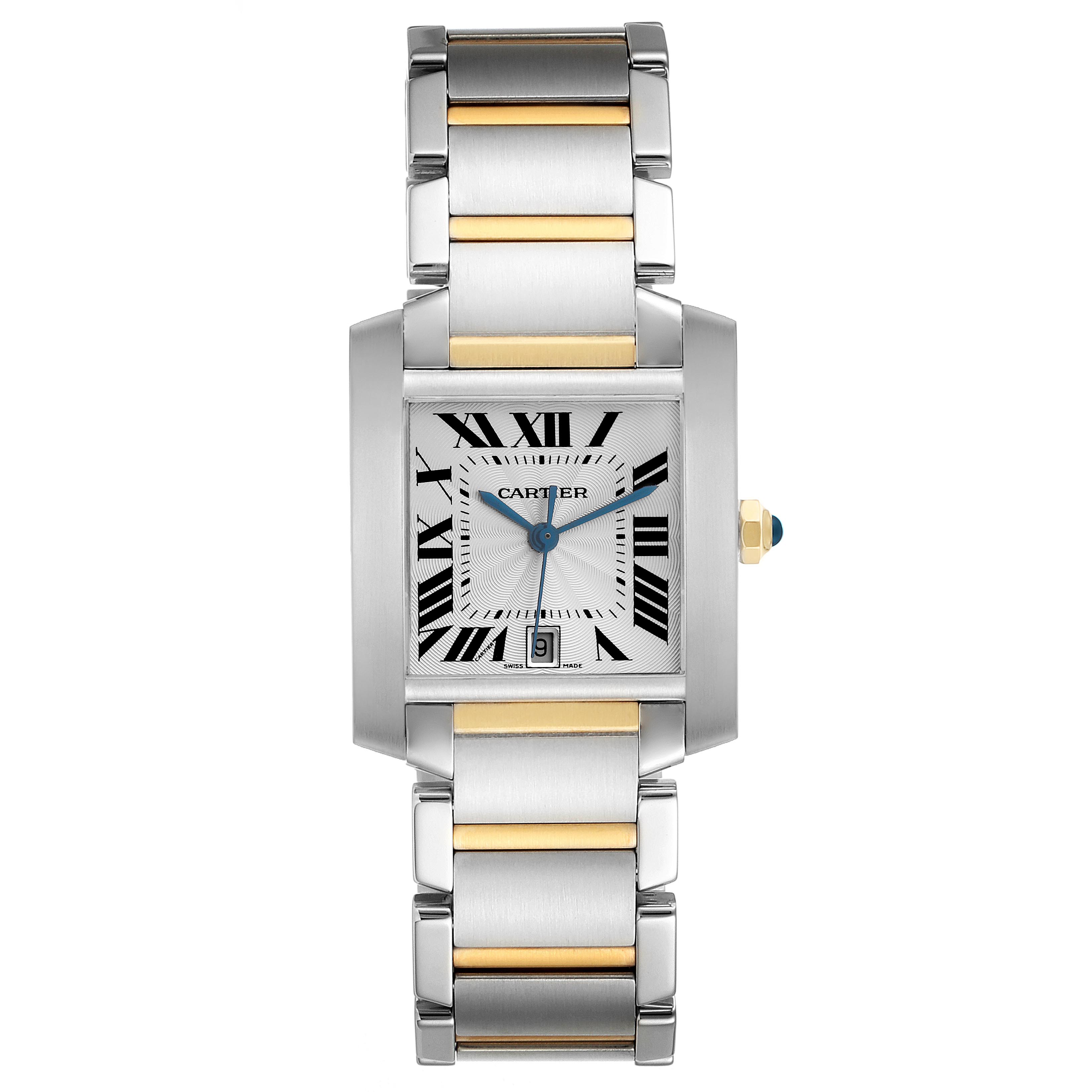 The Cartier Tank Française watch is shown from the front, featuring its rectangular face and two-tone metal bracelet.