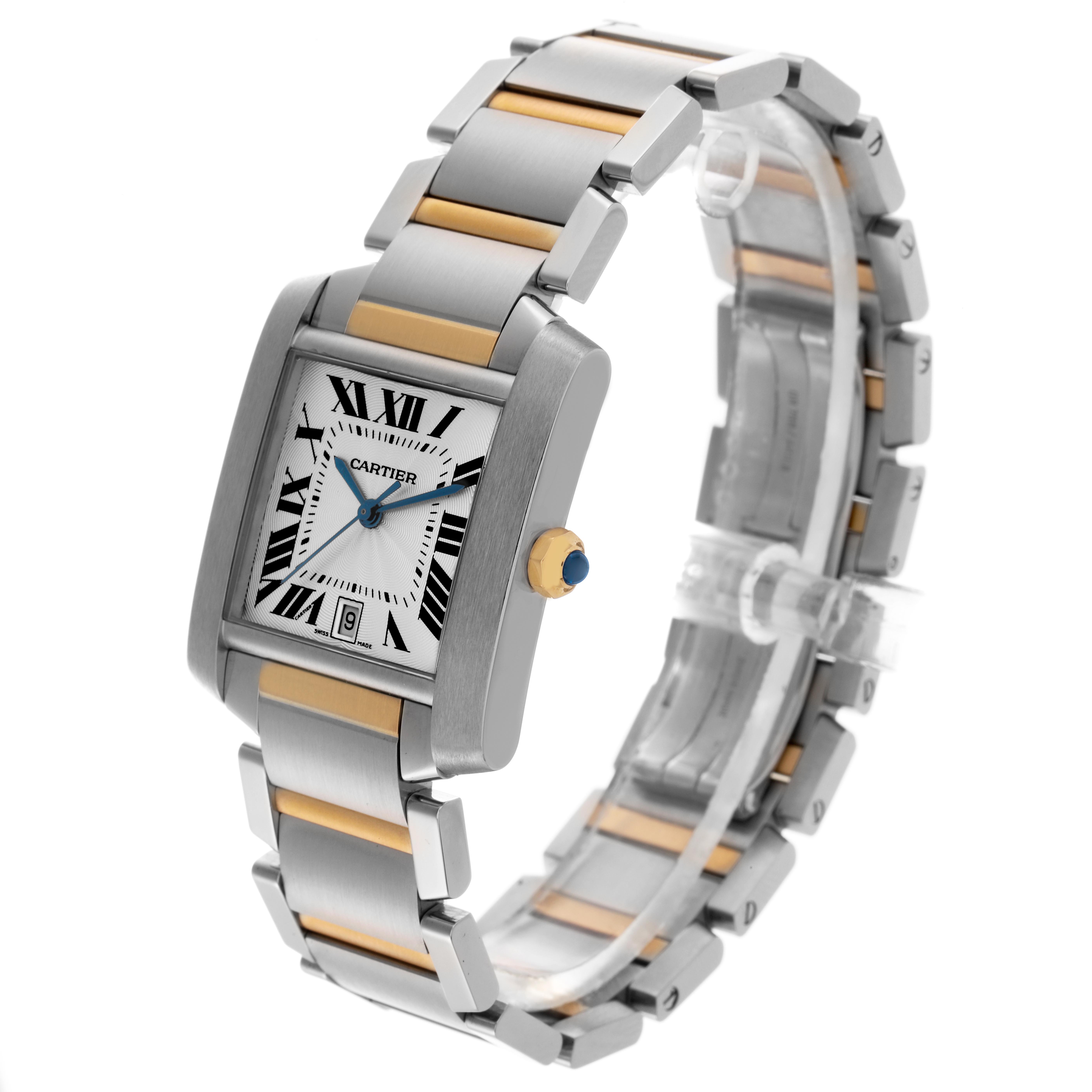 The image shows a Cartier Tank Francaise W51005Q4 Men
s Steel and Gold (two tone) Silver Dial W51005Q4 Men
s Steel and Gold (two tone) Silver Dial watch at an angled side view, highlighting the face, bracelet, and crown.